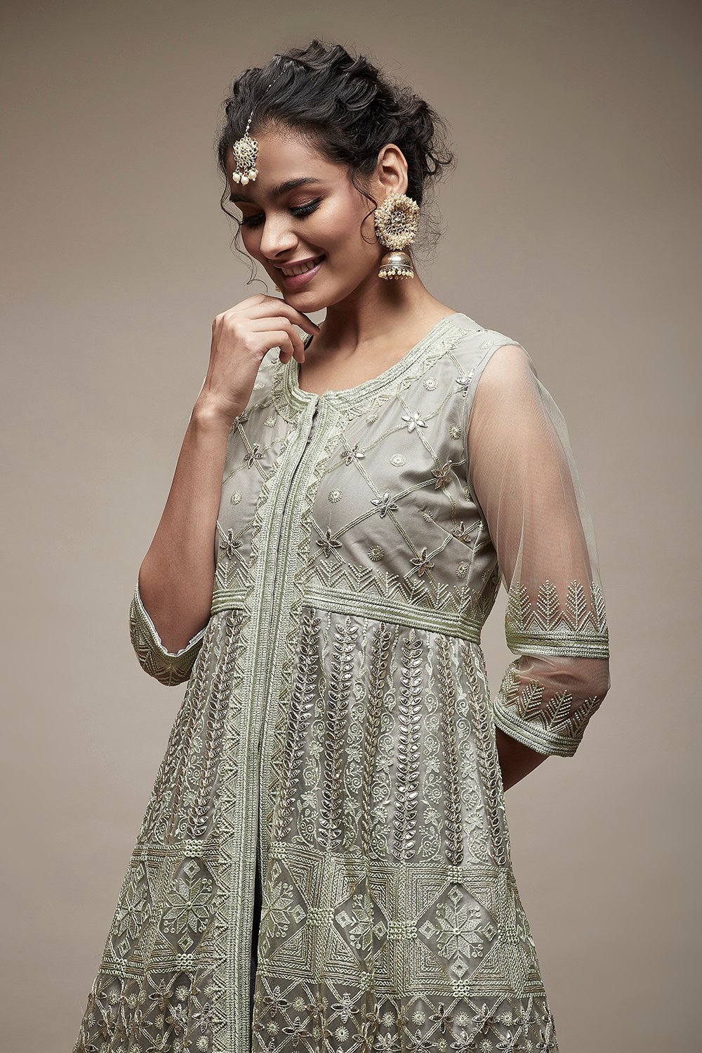 Mint Nylon Anarkali Lehenga Set image number 6