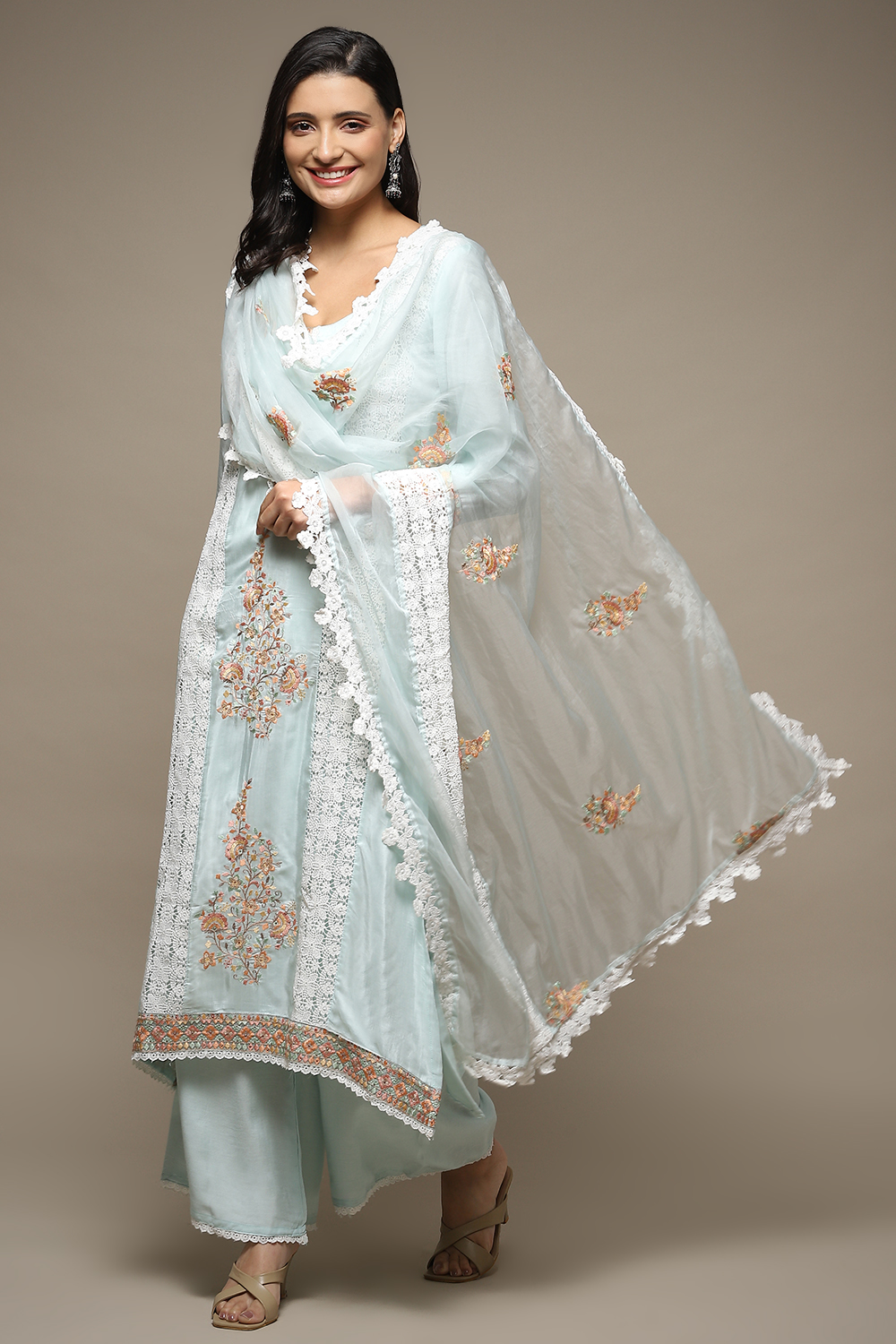 Light Blue Muslin Lace Unstitched Suit Set image number 1