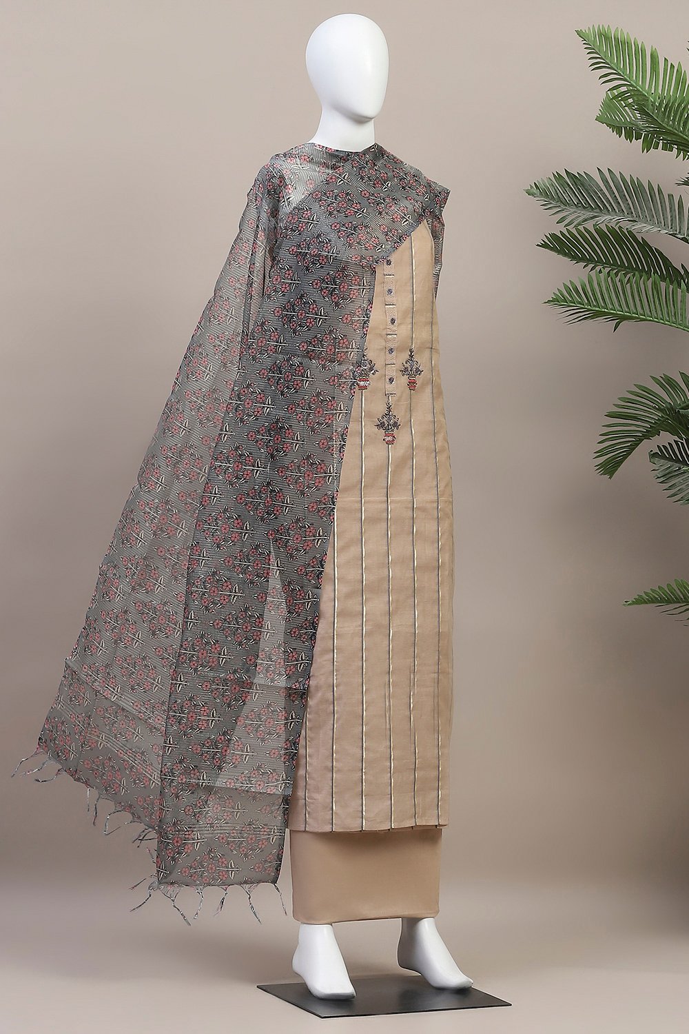 Beige Chanderi Unstitched Suit Set image number 4