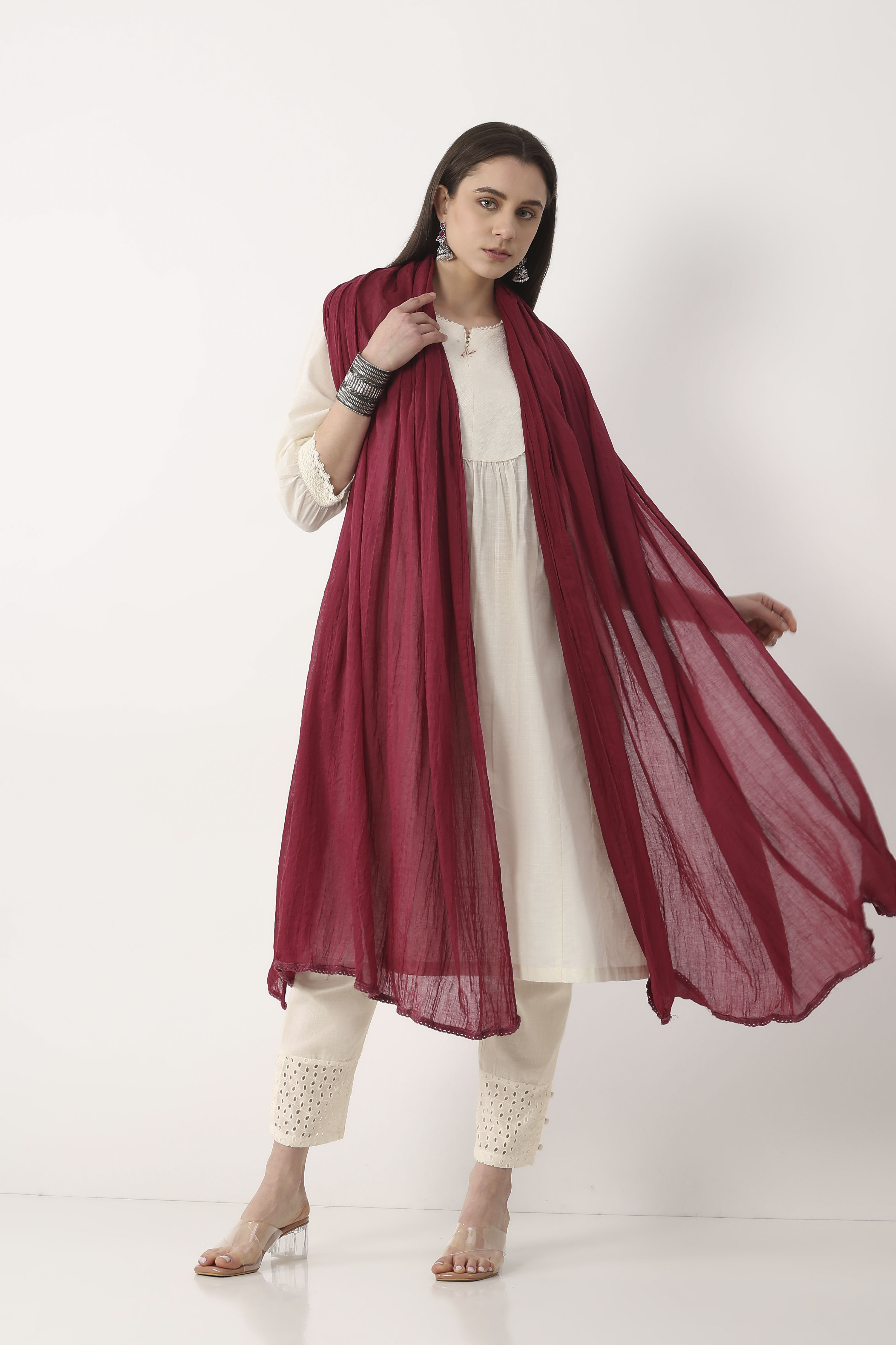 Maroon White Cotton Dupatta image number 3