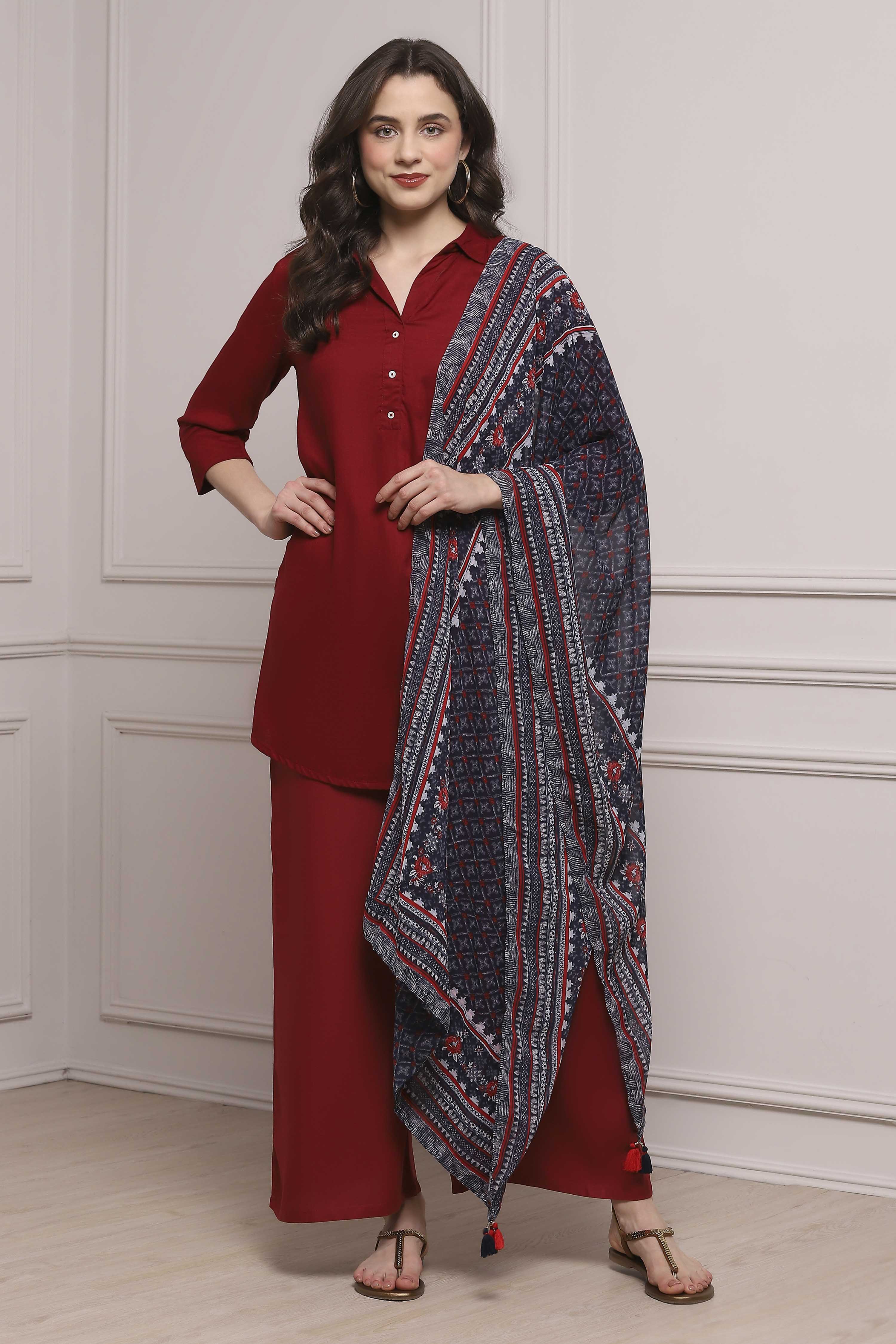 Navy Polyester Printed Dupatta image number 1