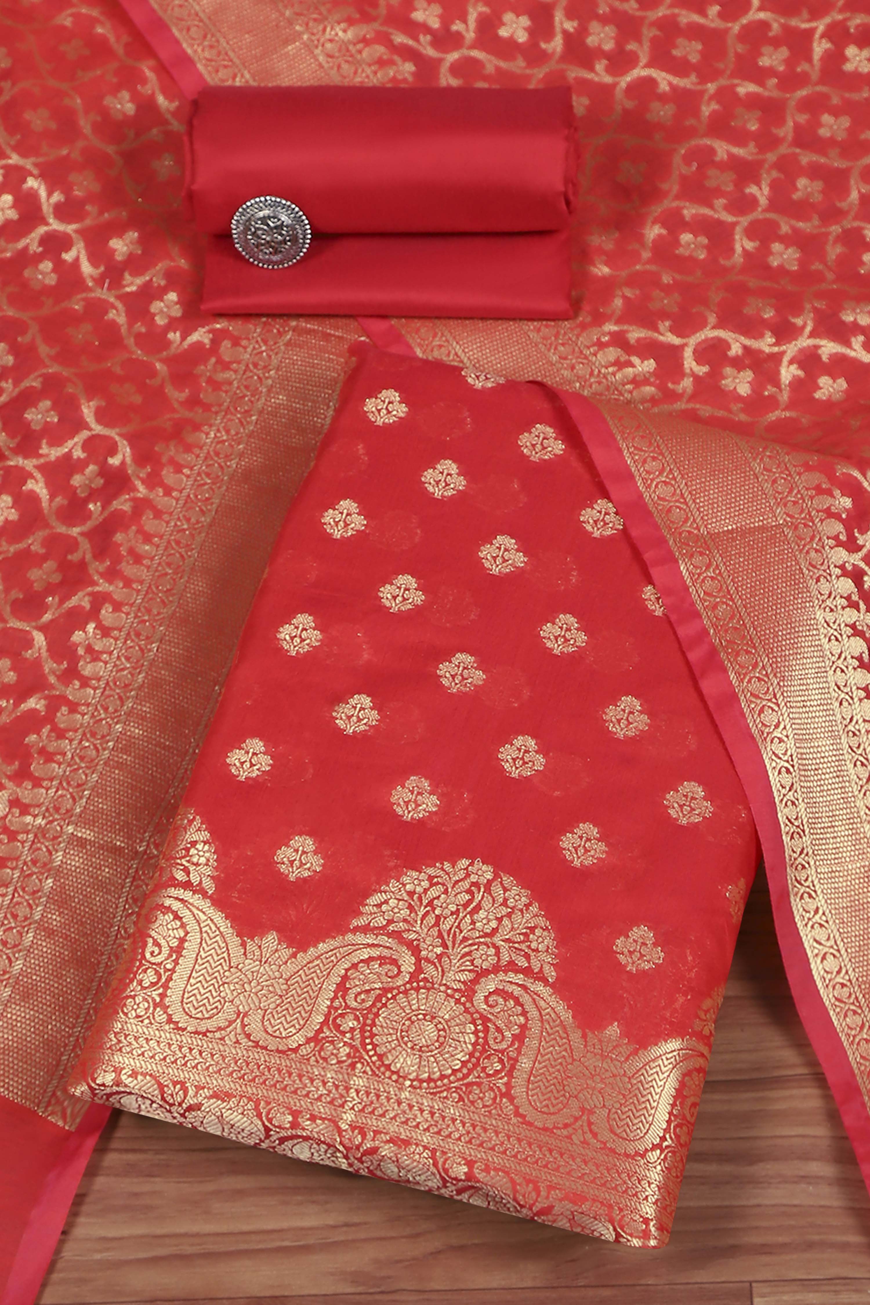 Pink Cotton Printed Embroidered Unstitched Suit Set image number 0