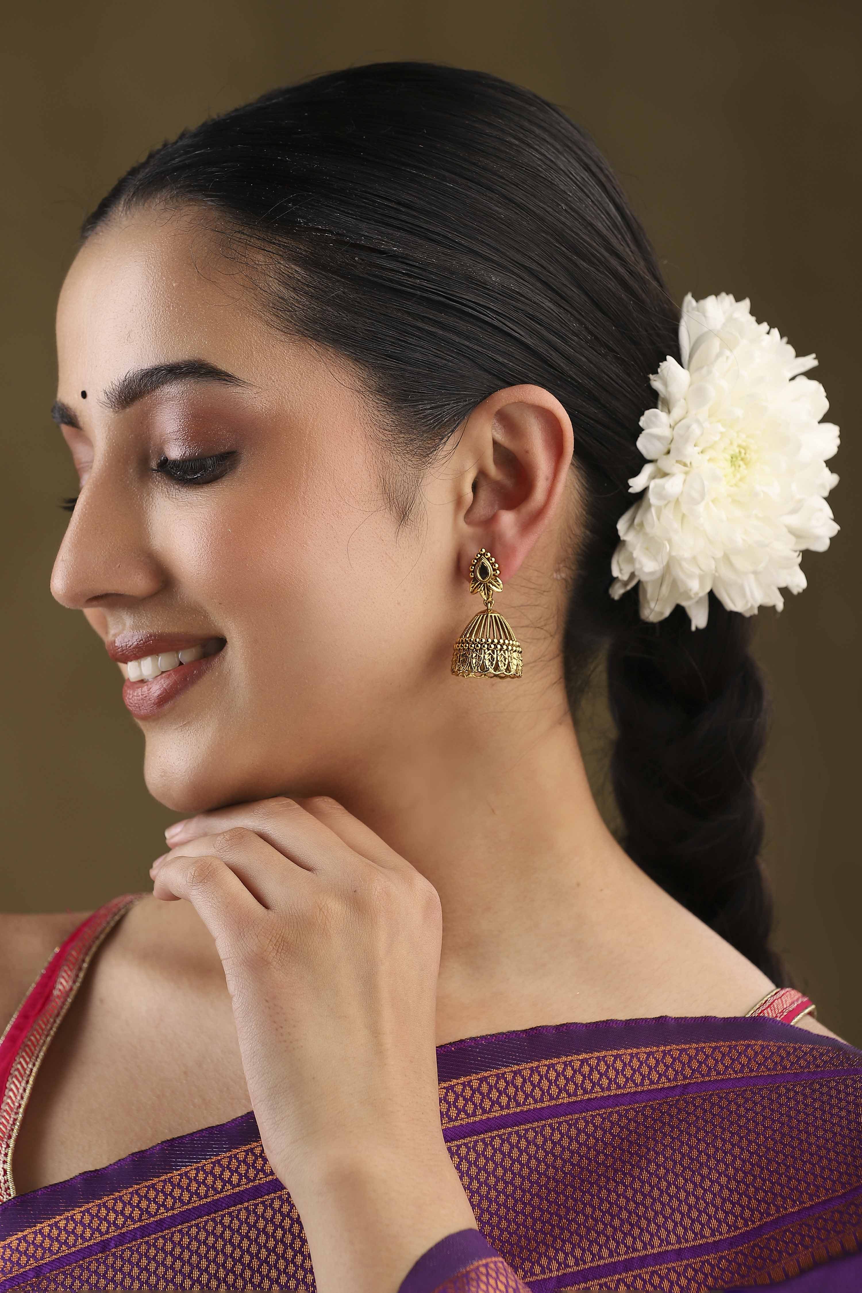 Green Gold Plated Studded Jhumkas image number 3
