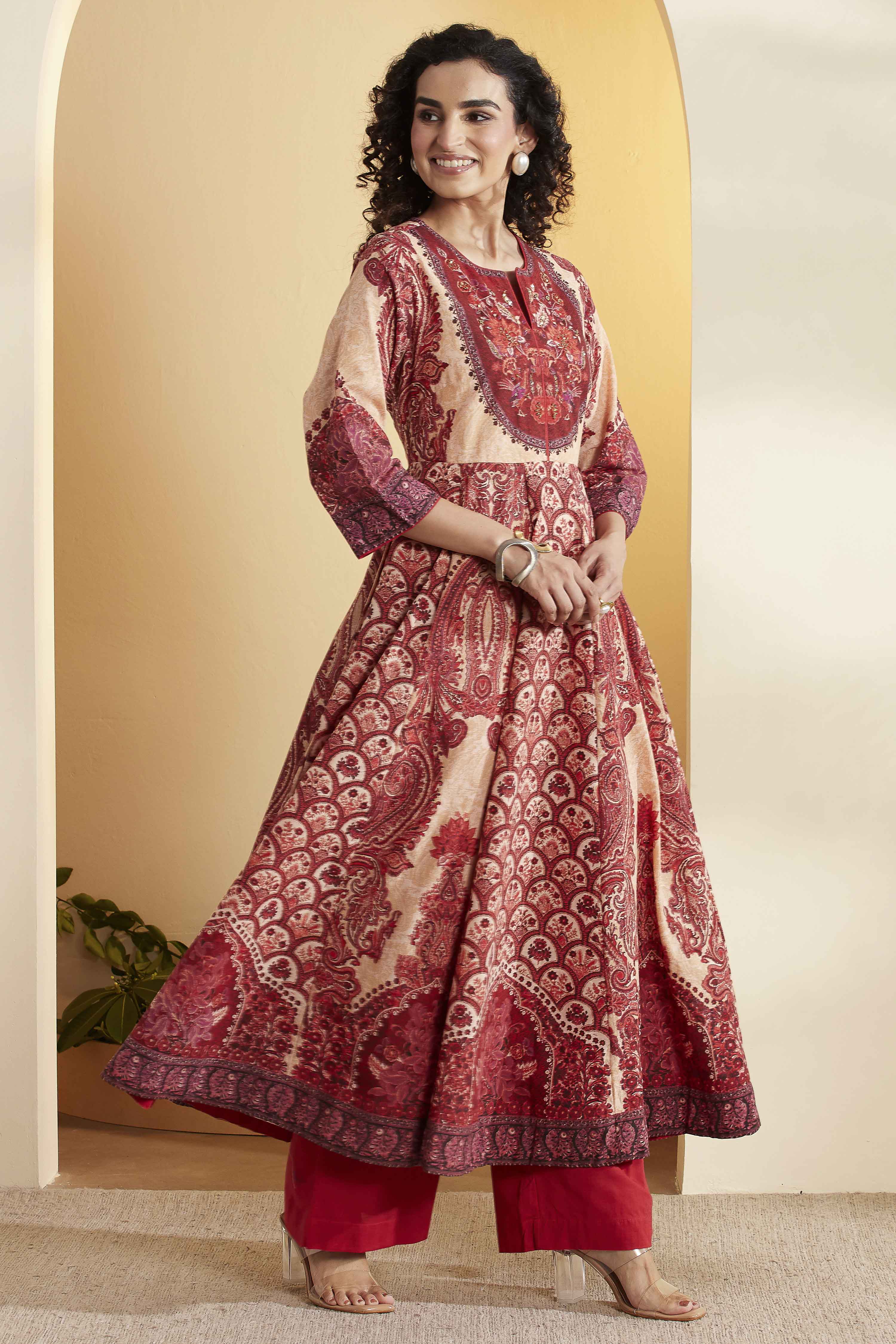 Rust Cotton Anarkali Kurta Pants Set image number 4