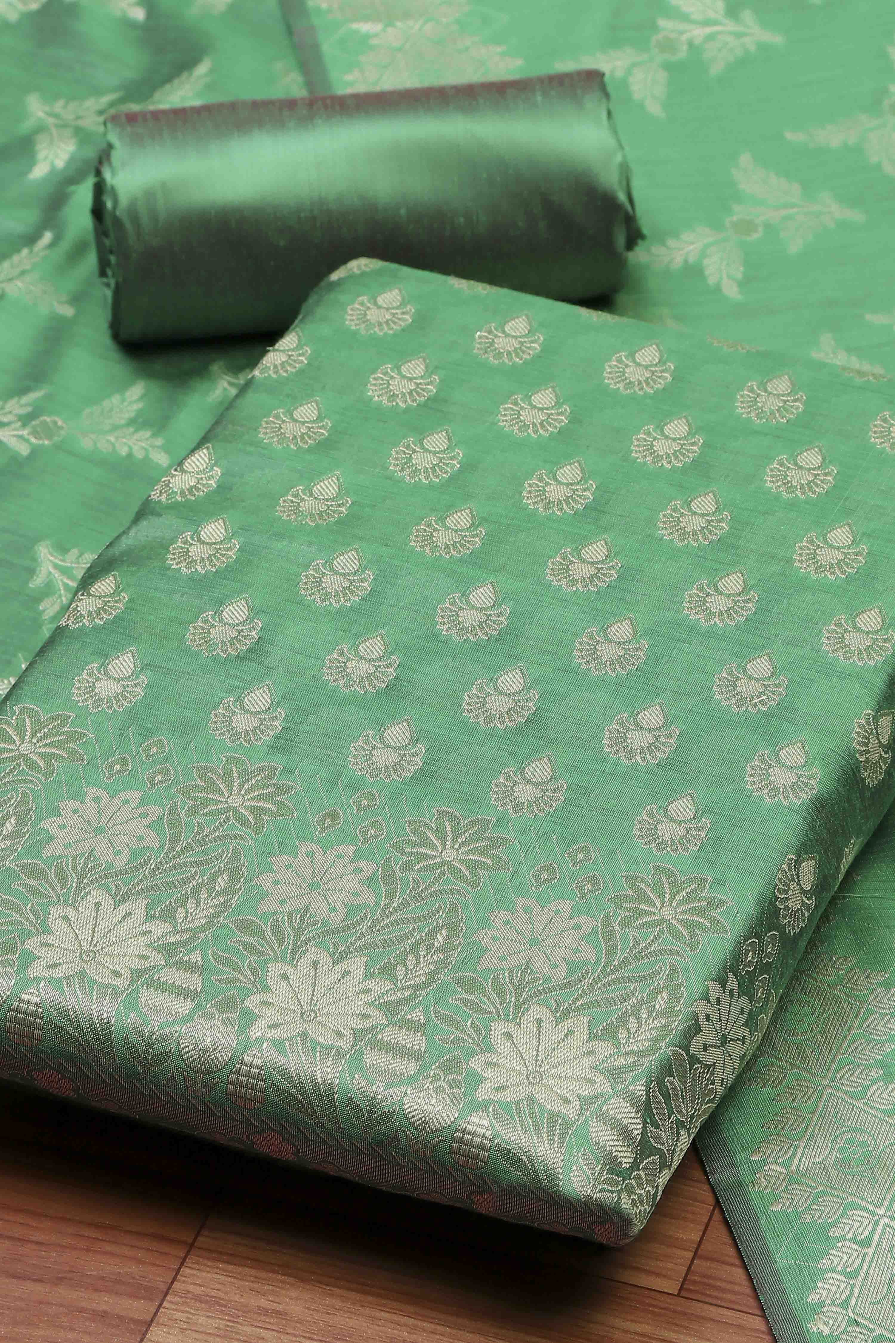 Blue Cotton Printed Embroidered Unstitched Suit Set image number 1