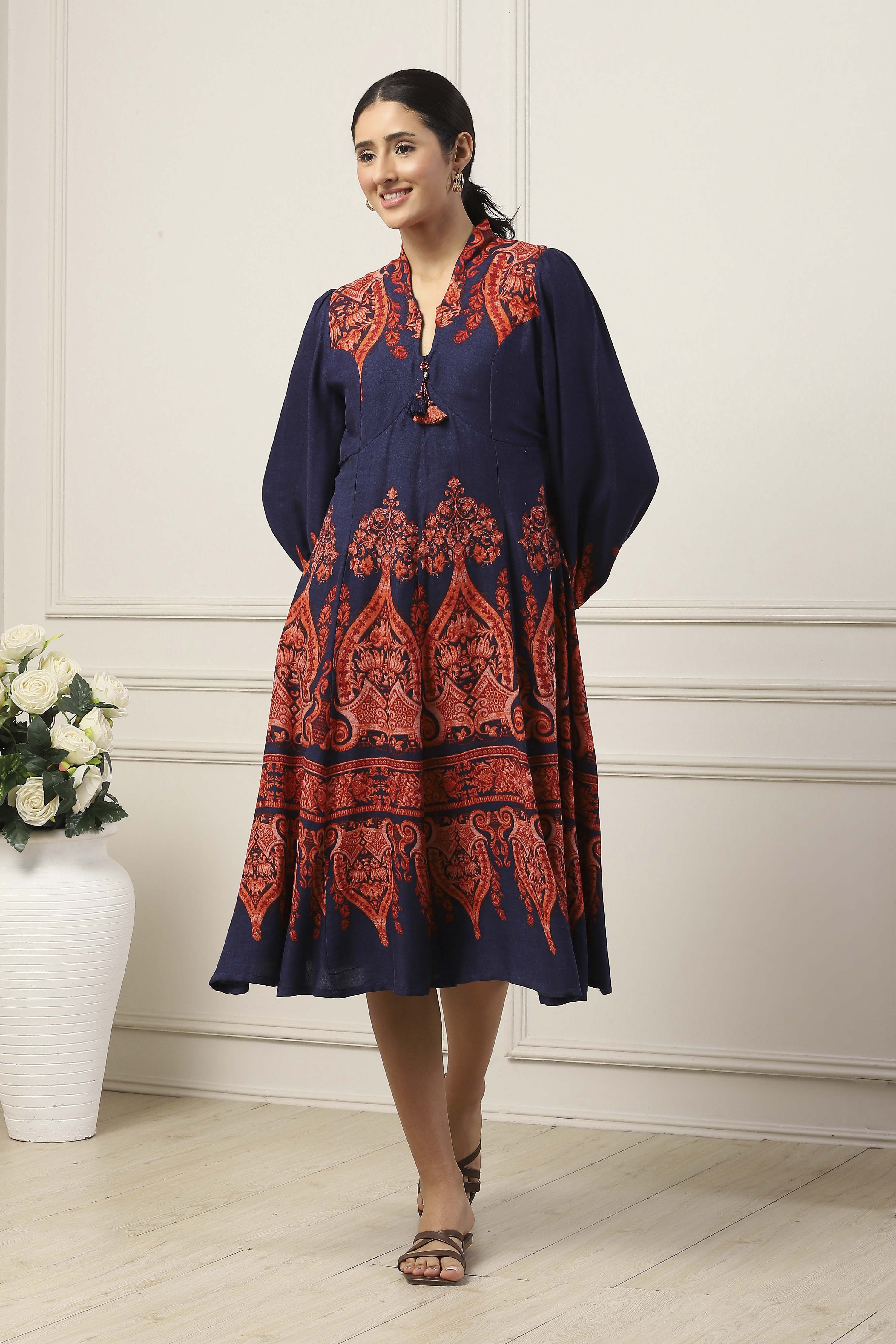 Navy Blue Viscose Rayon Ethnic Motif Printed Flared Dress image number 5