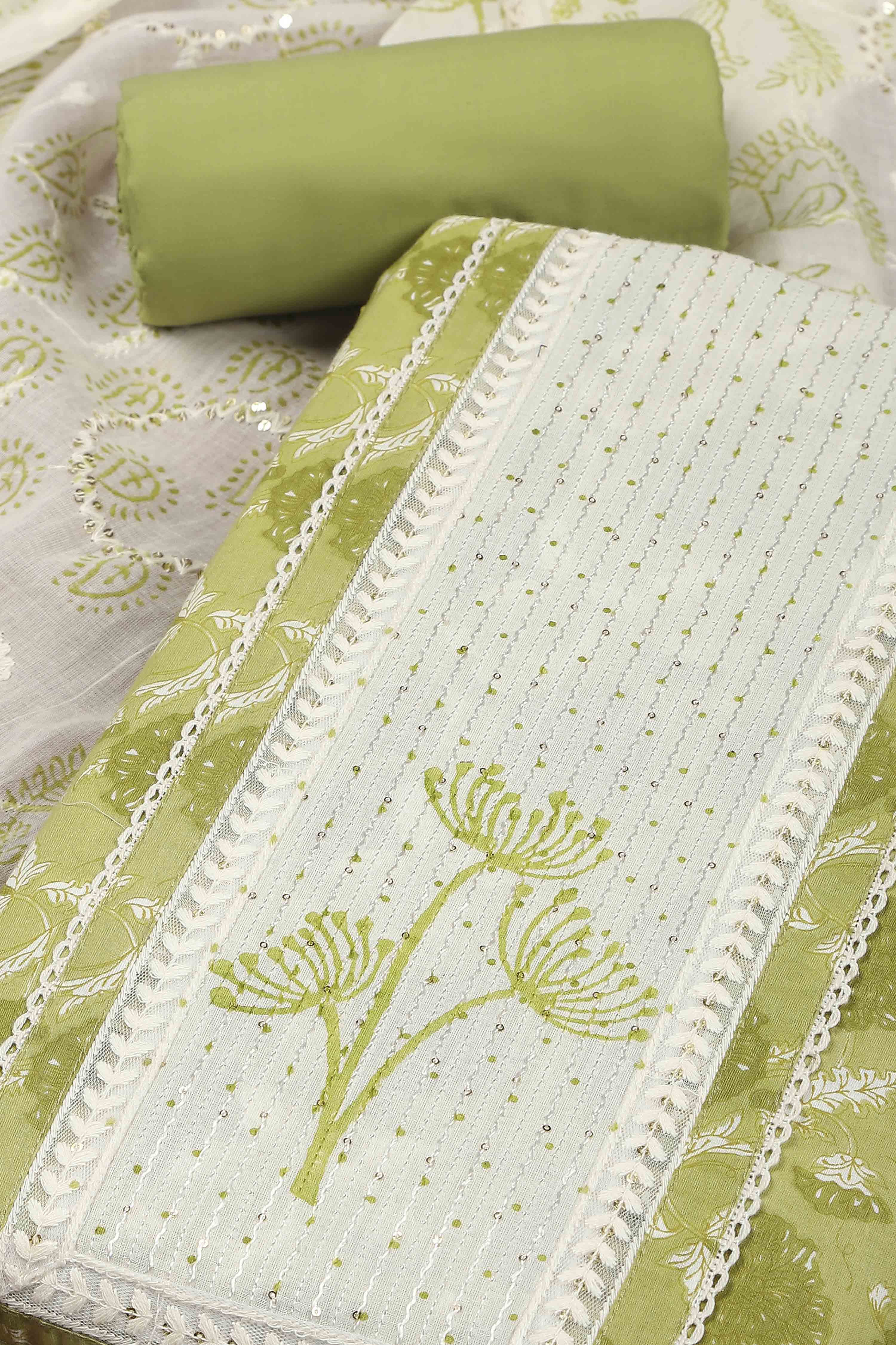 Light Green Cotton Printed Embroidered Unstitched Suit Set image number 1