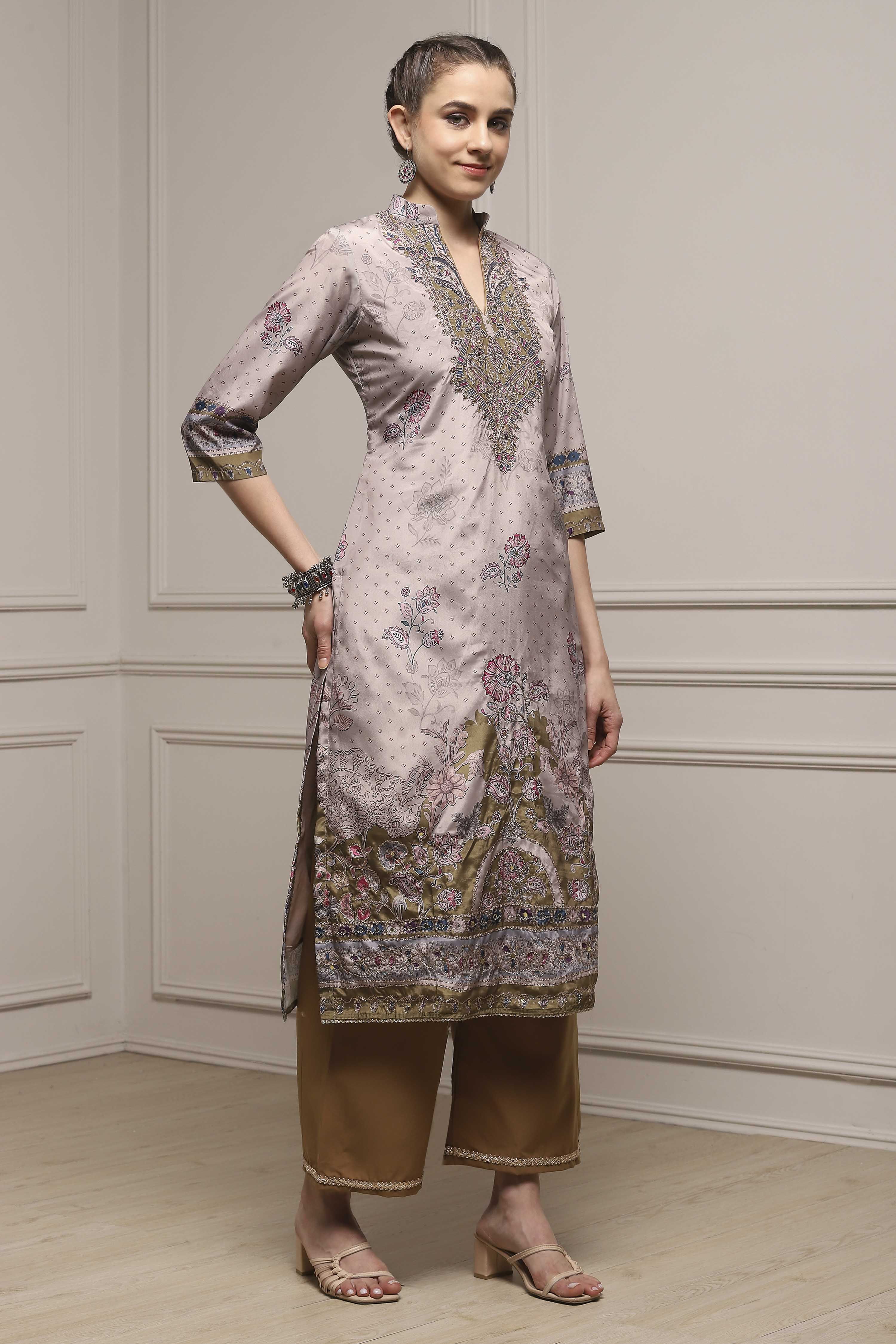 Brown Poly Crepe Digital Print Unstitched Suit Set image number 6