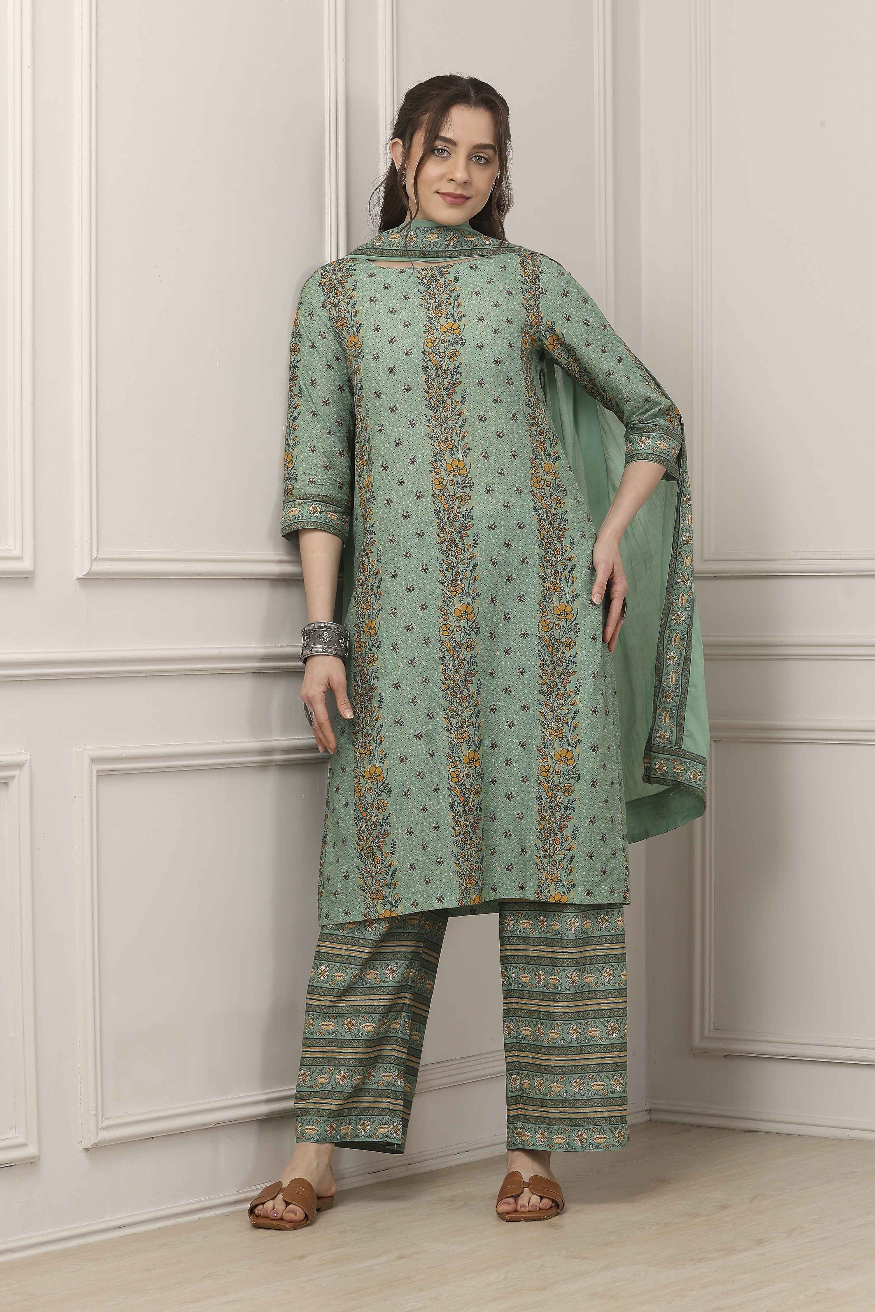Sage Green Printed Cotton Straight Suit Set image number 0
