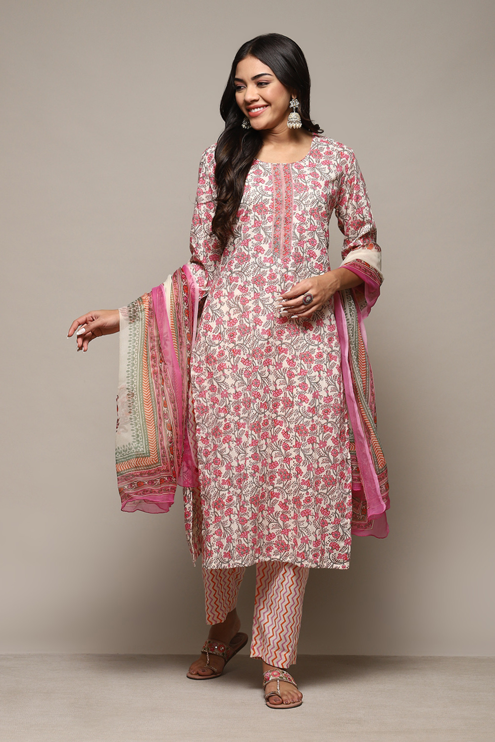 Pink Cotton Handloom Unstitched Suit Set image number 8