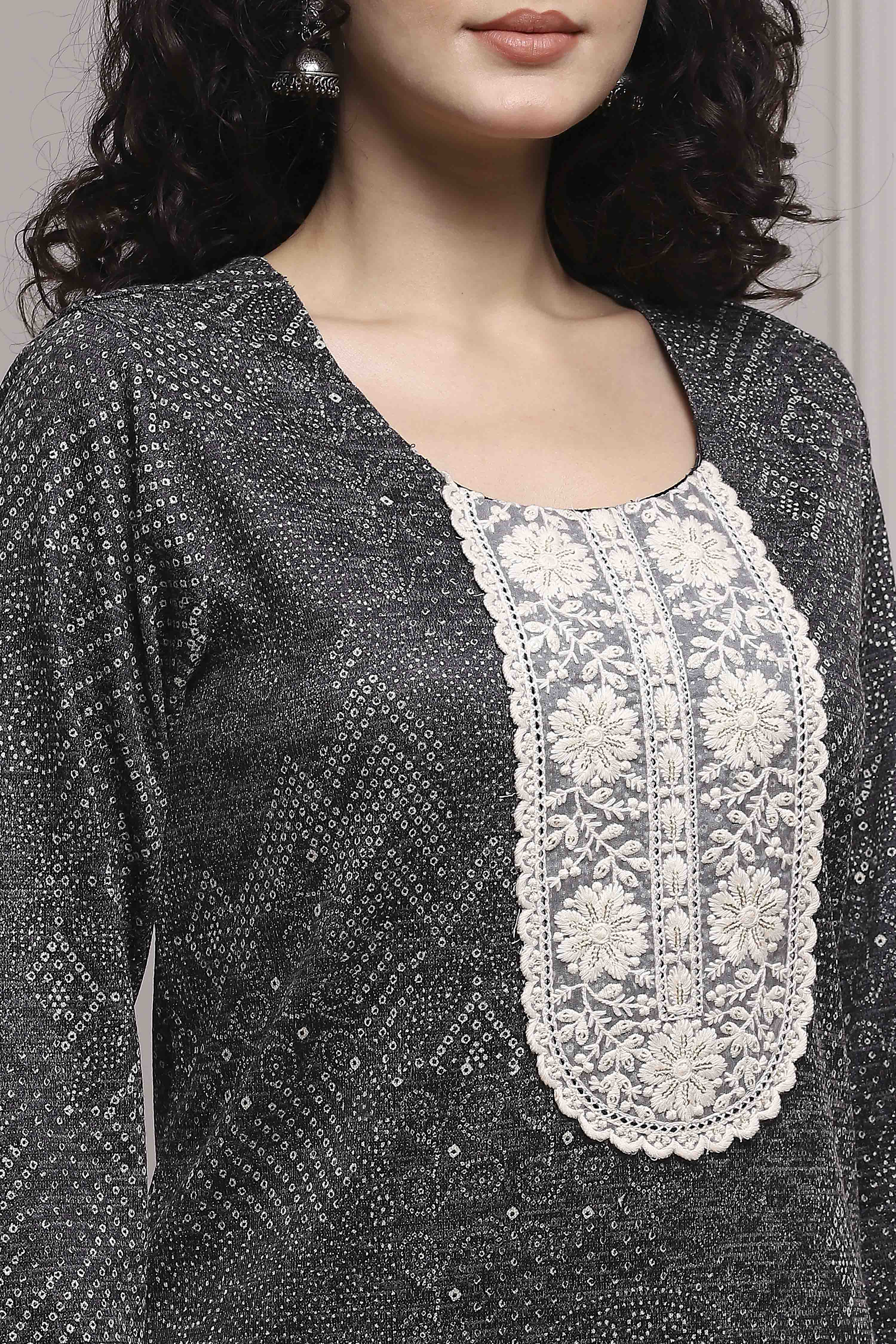 Black Blended Straight Printed Suit Set image number 1