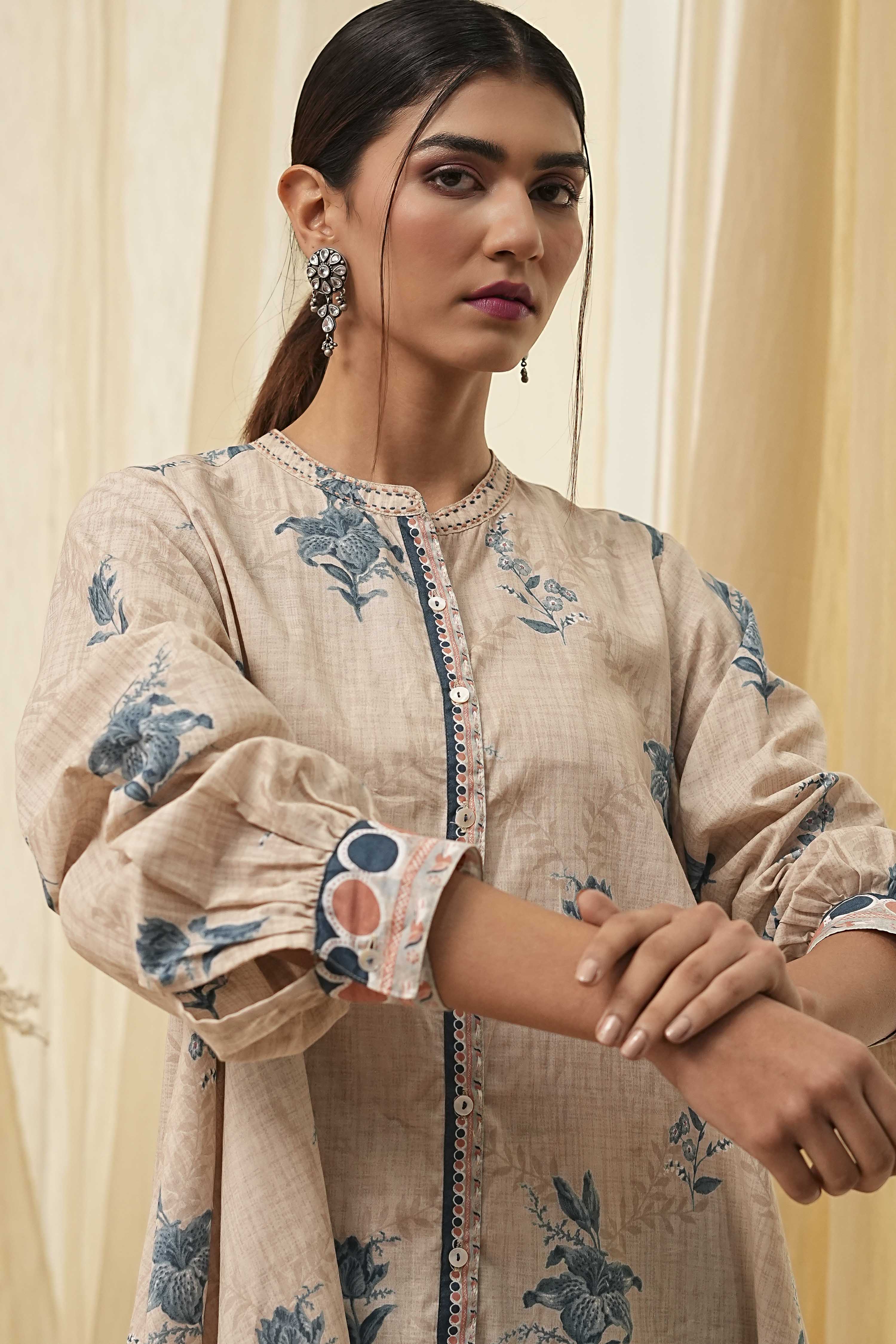 Beige Pure Cotton Shirt-Style A-Line Short Kurta image number 1