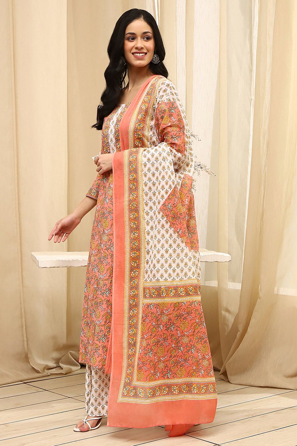 Lime Green and White Cotton Screen Print Unstitched Suit Set image number 4
