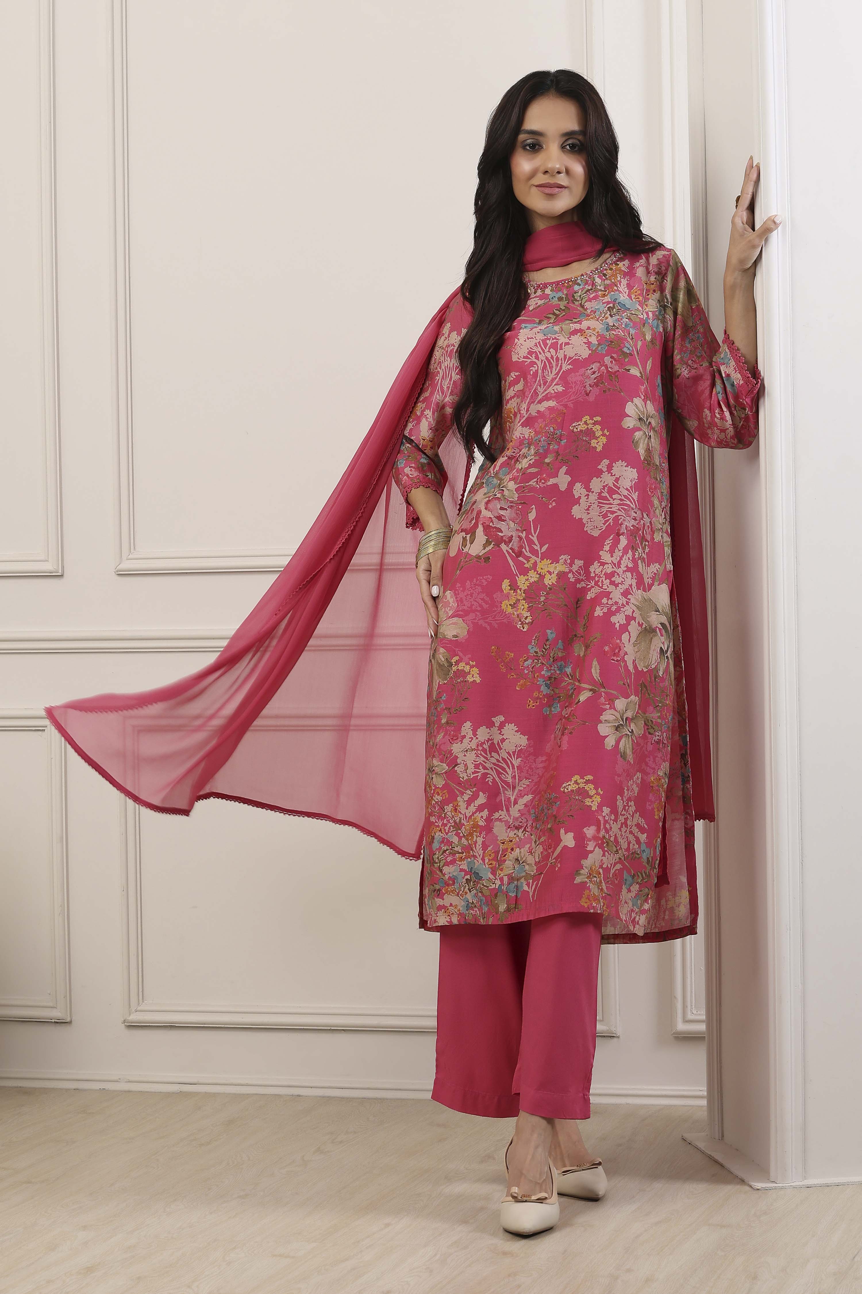 Pink Cotton Blend Straight Suit Set image number 0