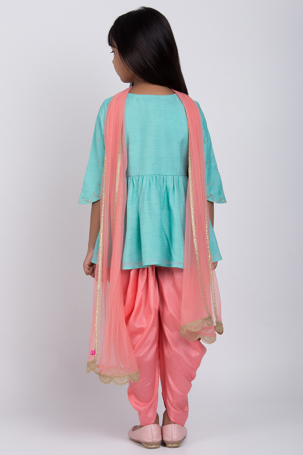 Turquoise Poly Cotton A-Line Kurta Dhoti Salwar Suit Set image number 4