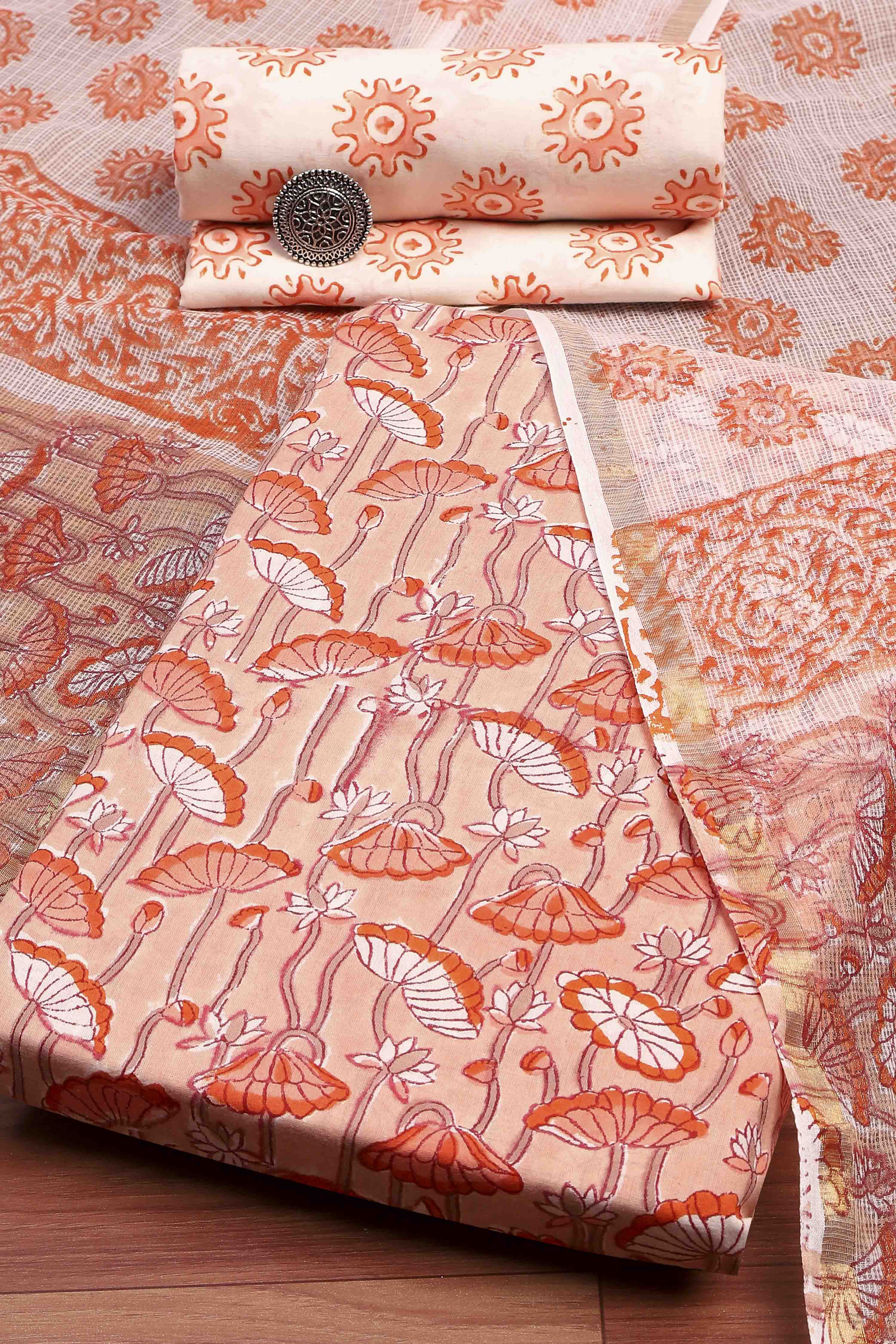 Beige Cotton Printed Embroidered Unstitched Suit Set image number 0