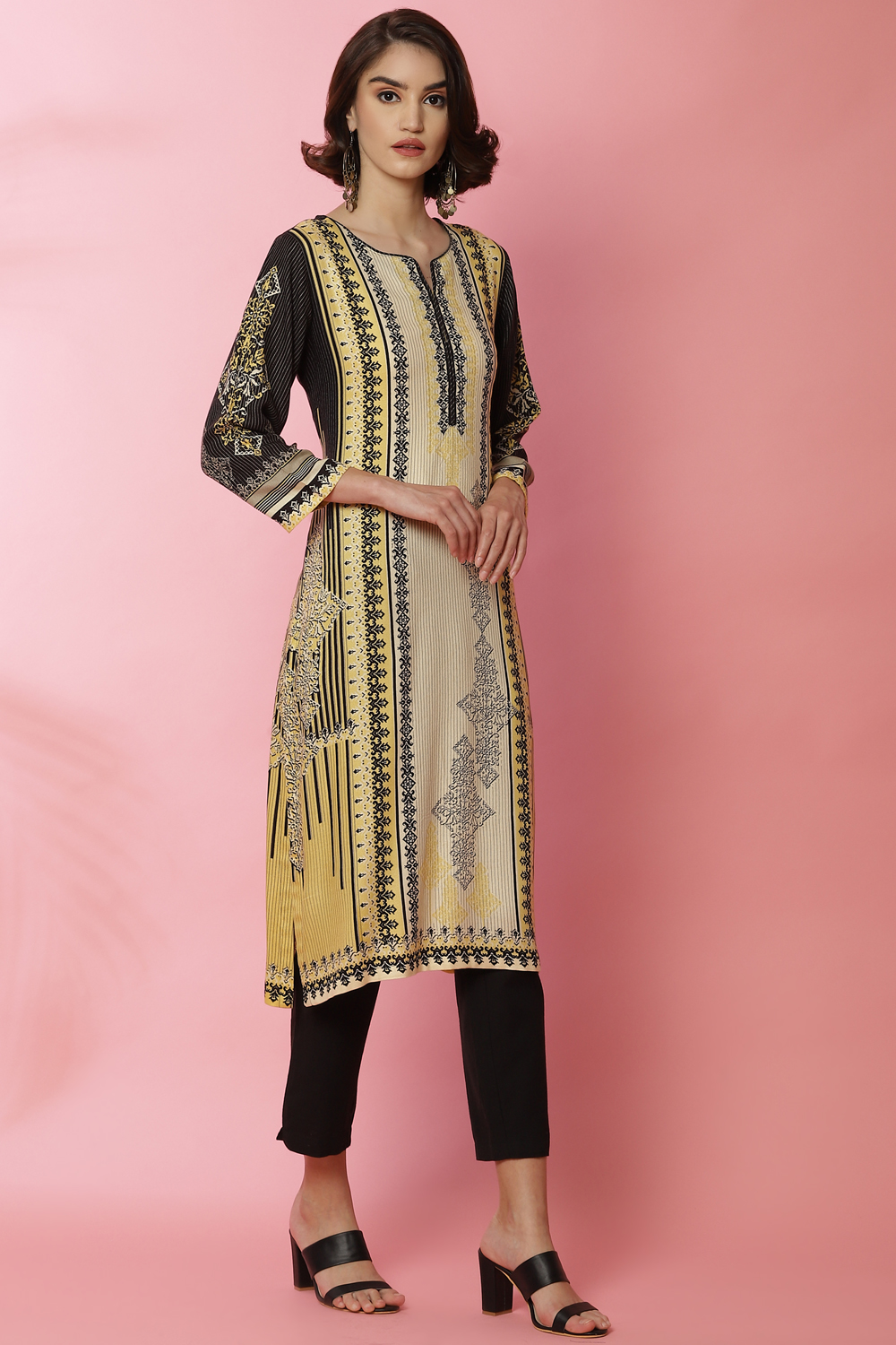 Black And Off White Viscose Printed Kurta image number 2