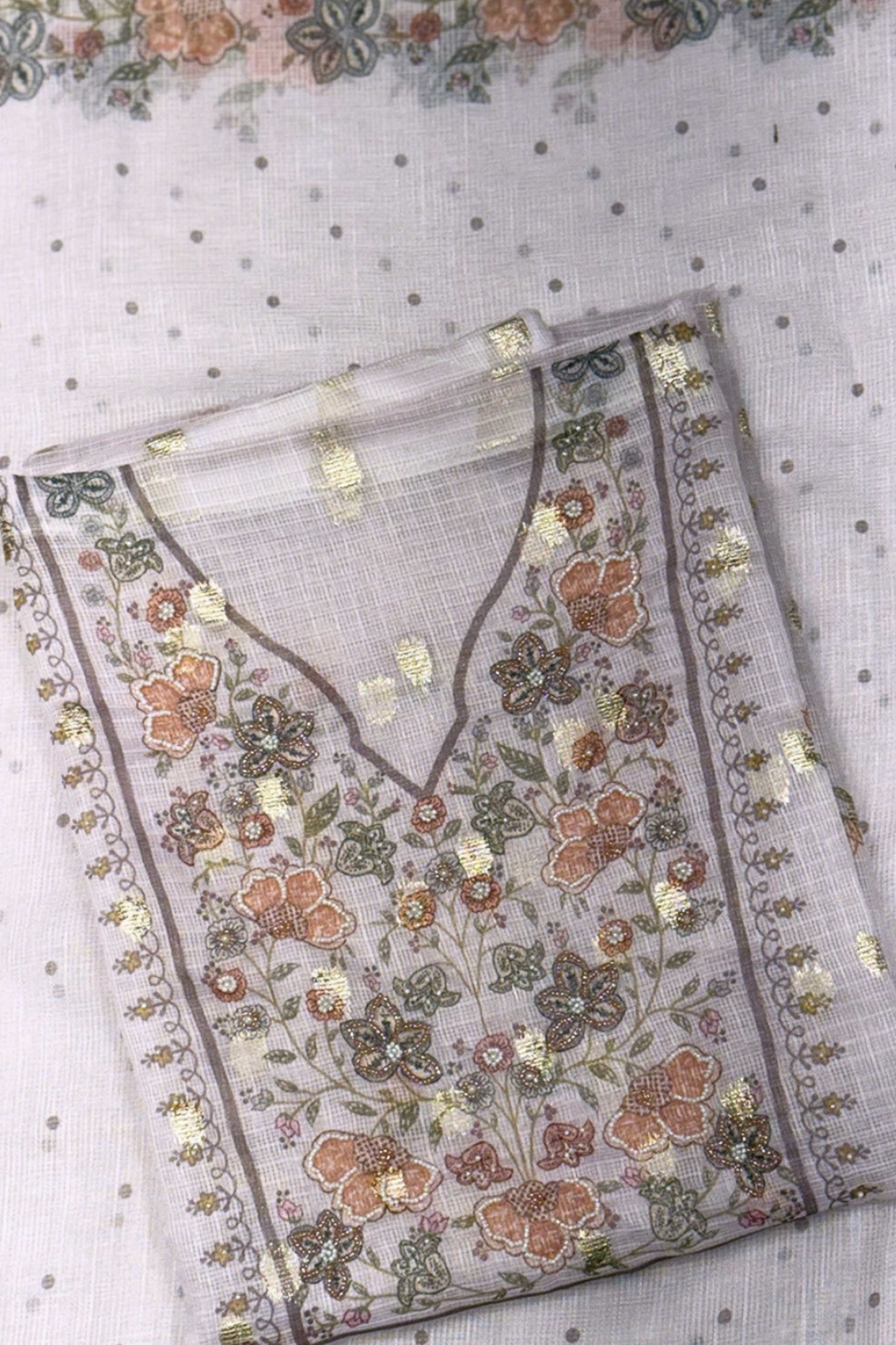 Teal Kota Cotton Neck Embroidered Unstitched Suit Set image number 1