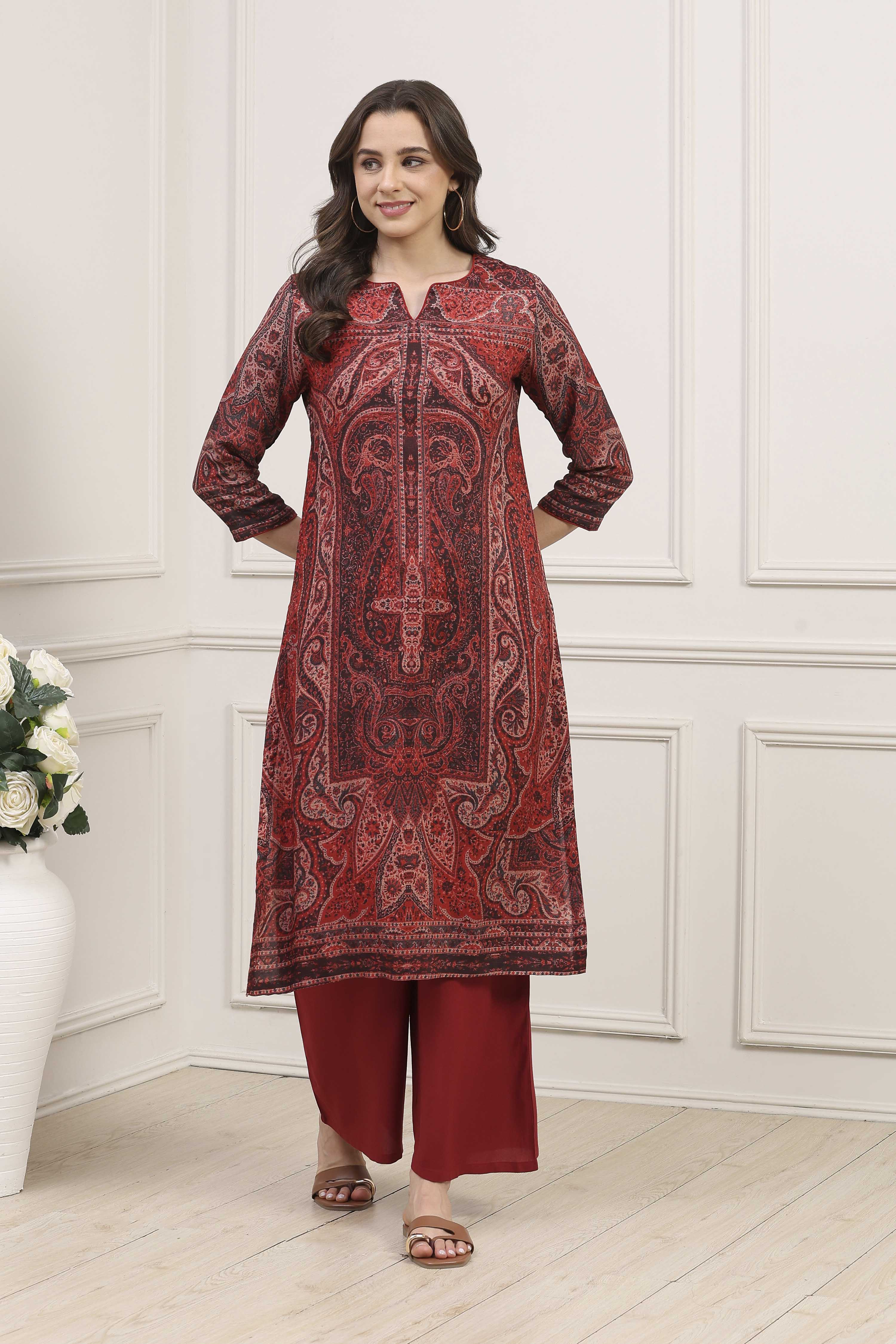 Dull Red LIVA Straight Printed Kurta image number 0