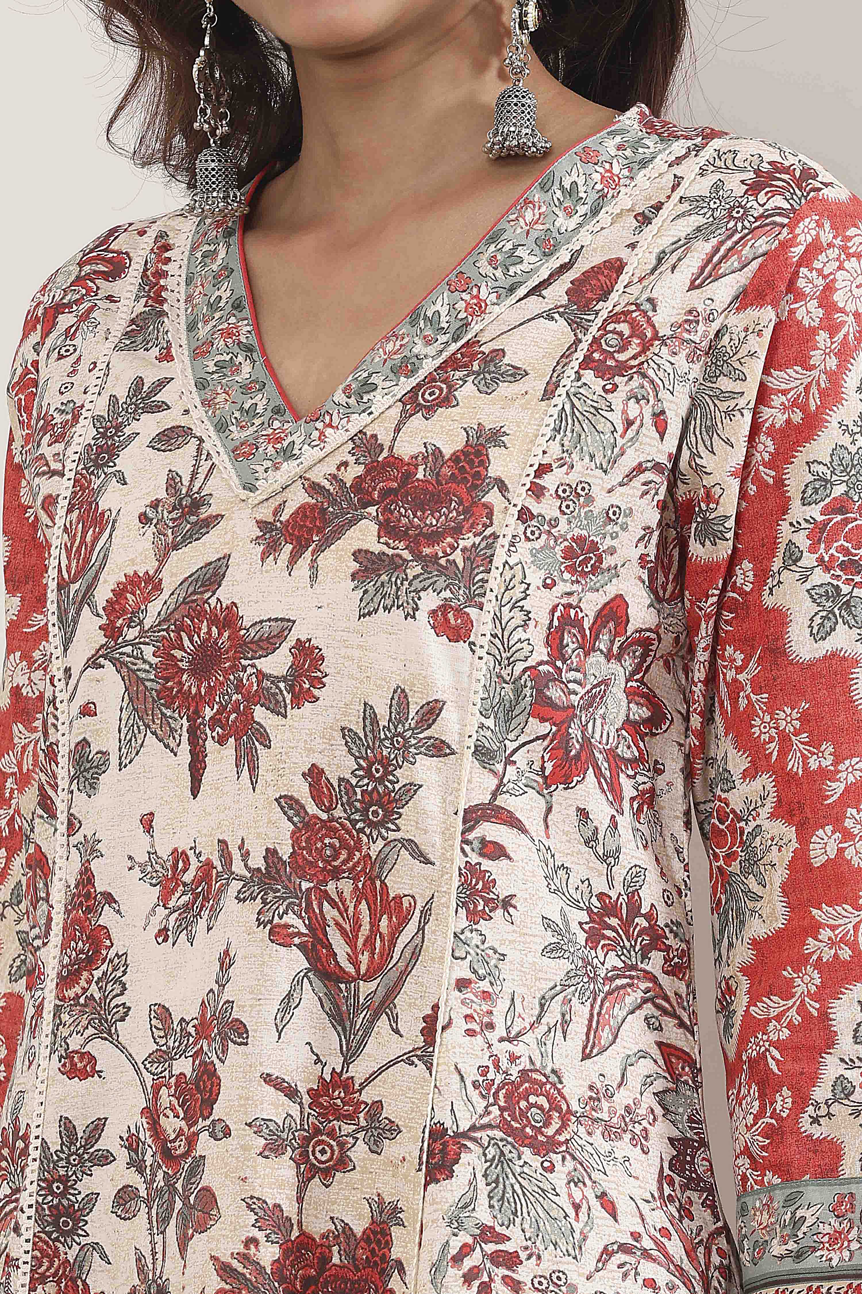 Grey-Red Cotton Anarkali Printed Suit Set image number 1