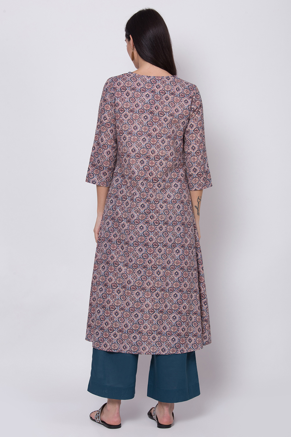Peach Cotton A-Line Printed Kurta image number 4