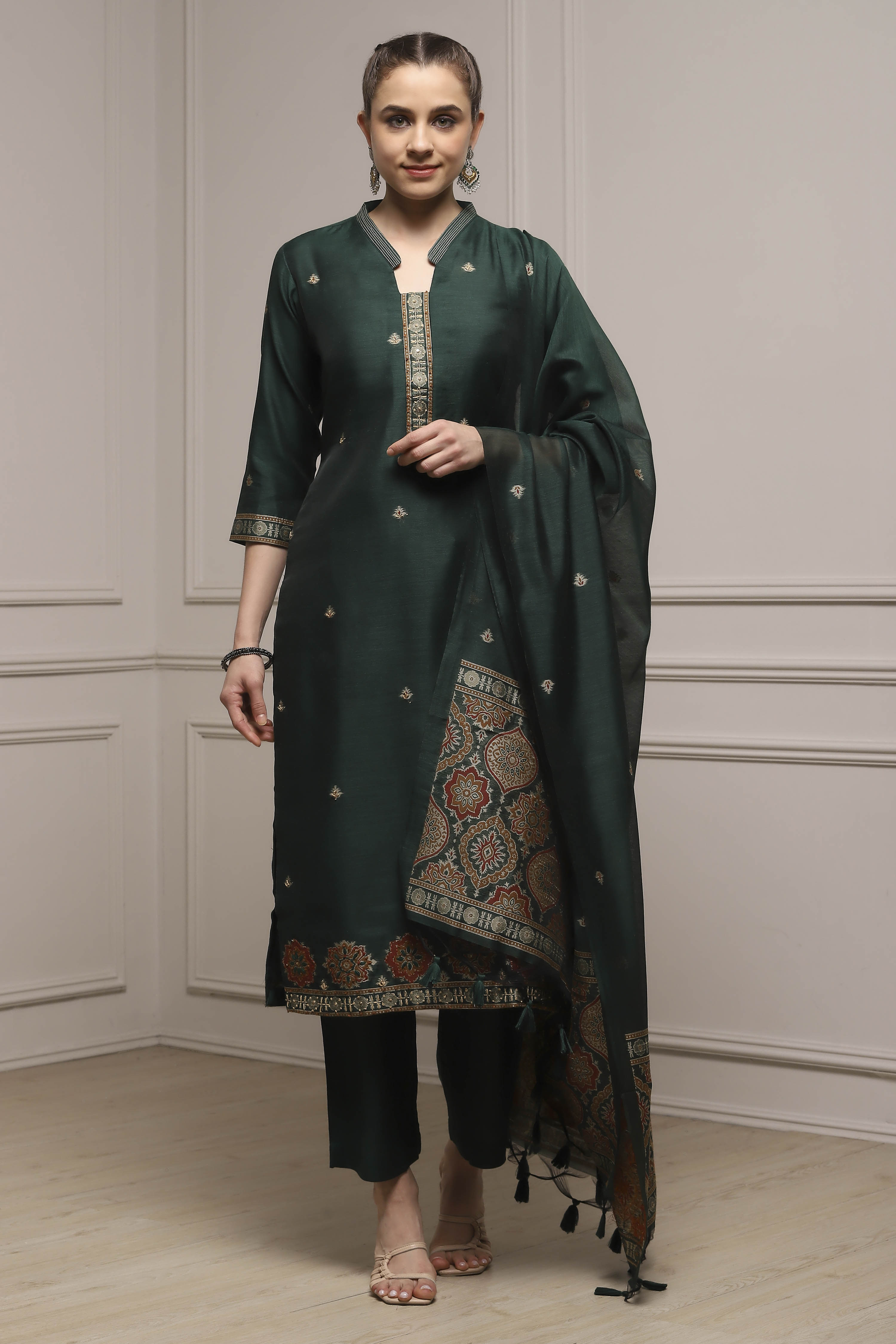 Green Chanderi Blend Handloom Unstitched Suit Set image number 1
