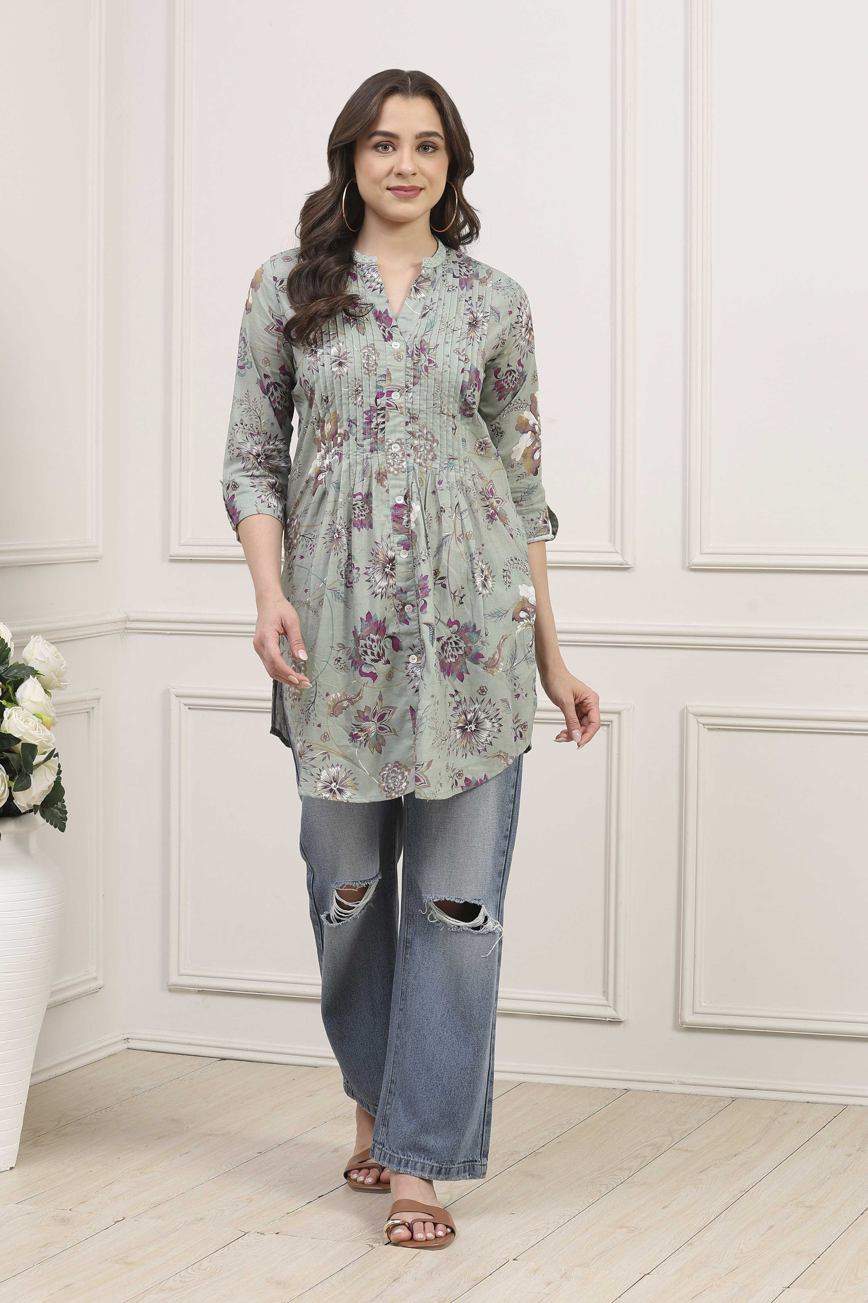 Green Cotton Printed Straight Kurti image number 5