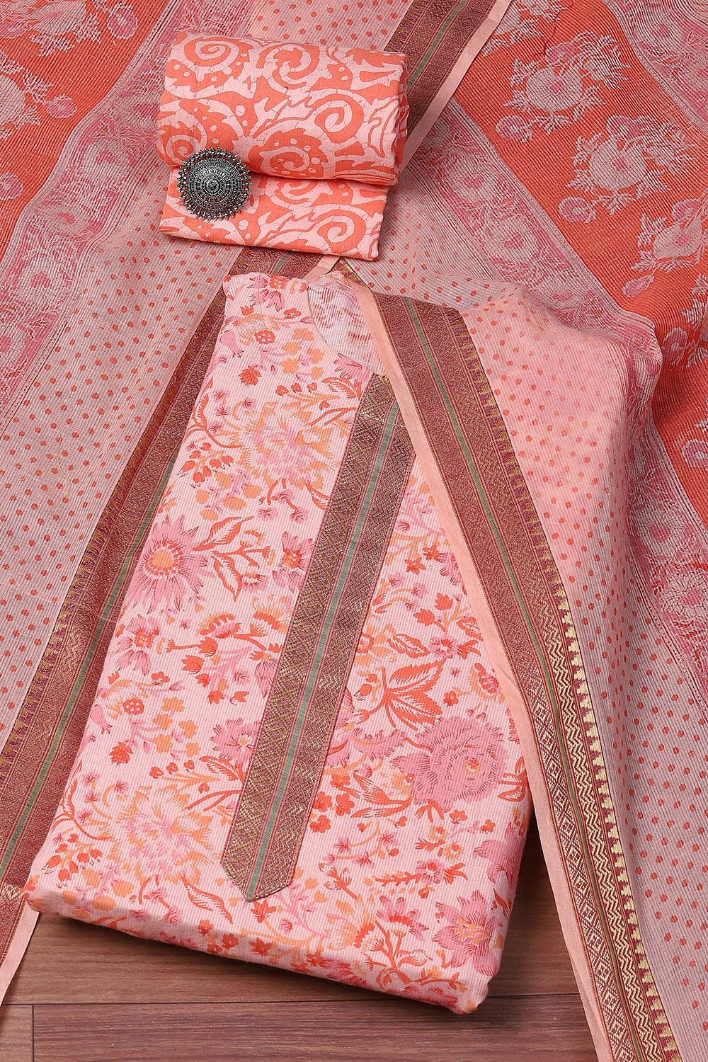 Peach Cotton Hand Block Print Unstitched Suit Set image number 0