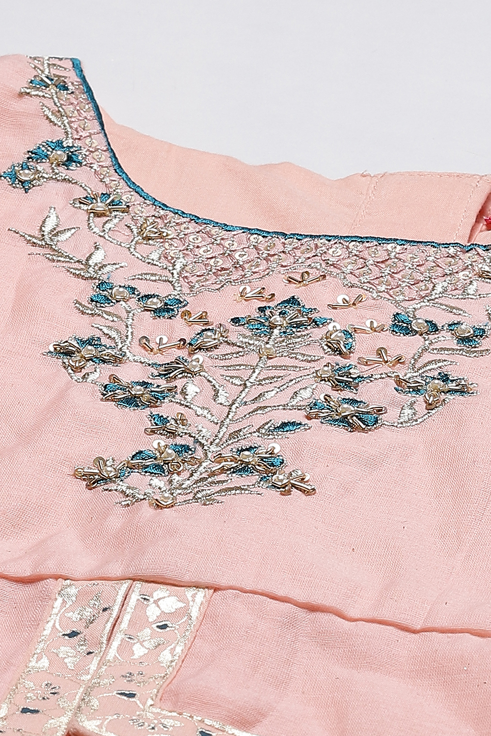 Peach And Teal Straight Poly Cotton Girls Lehenga Set image number 1