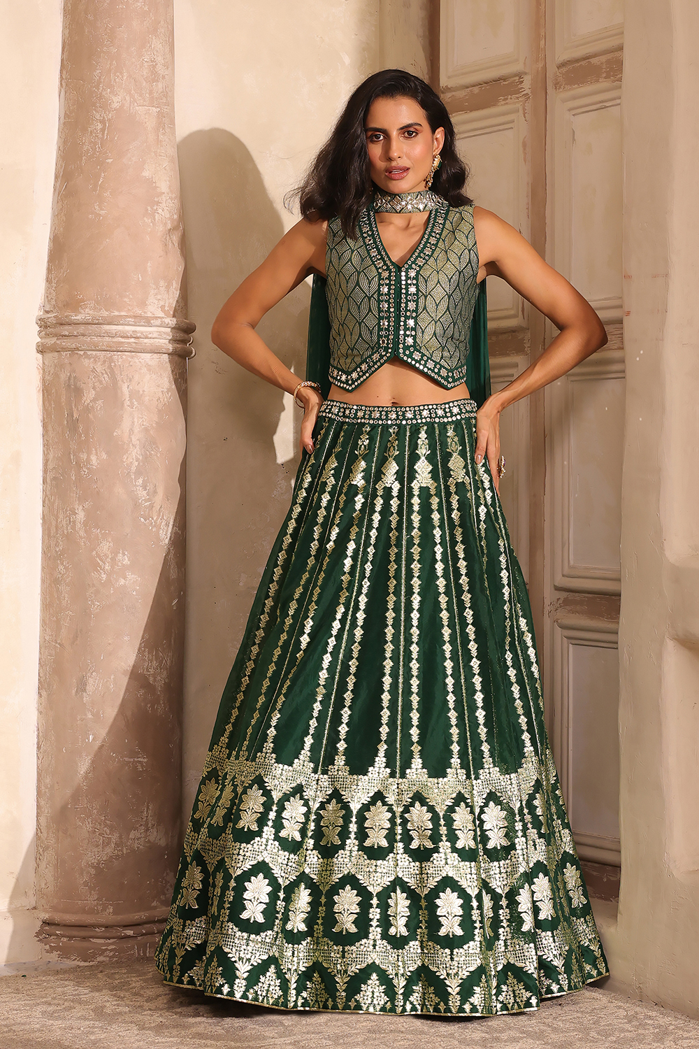 Green Jacquard Printed Mirror Work Lehenga Set image number 0