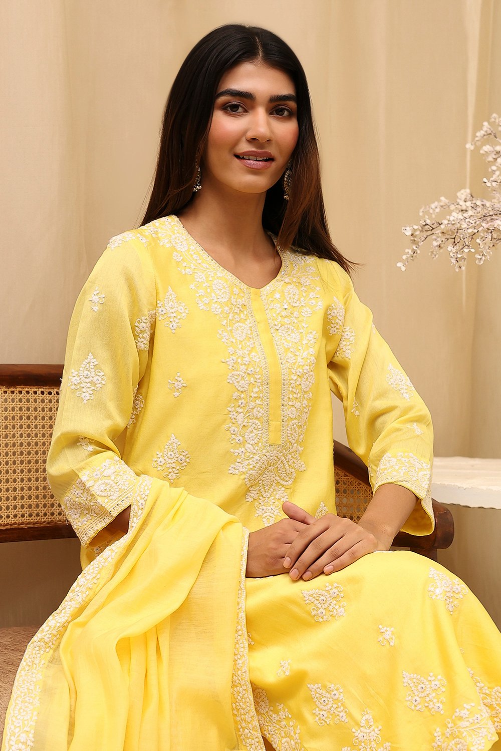 Aqua Cotton Silk Embroidered Straight Suit Set image number 0