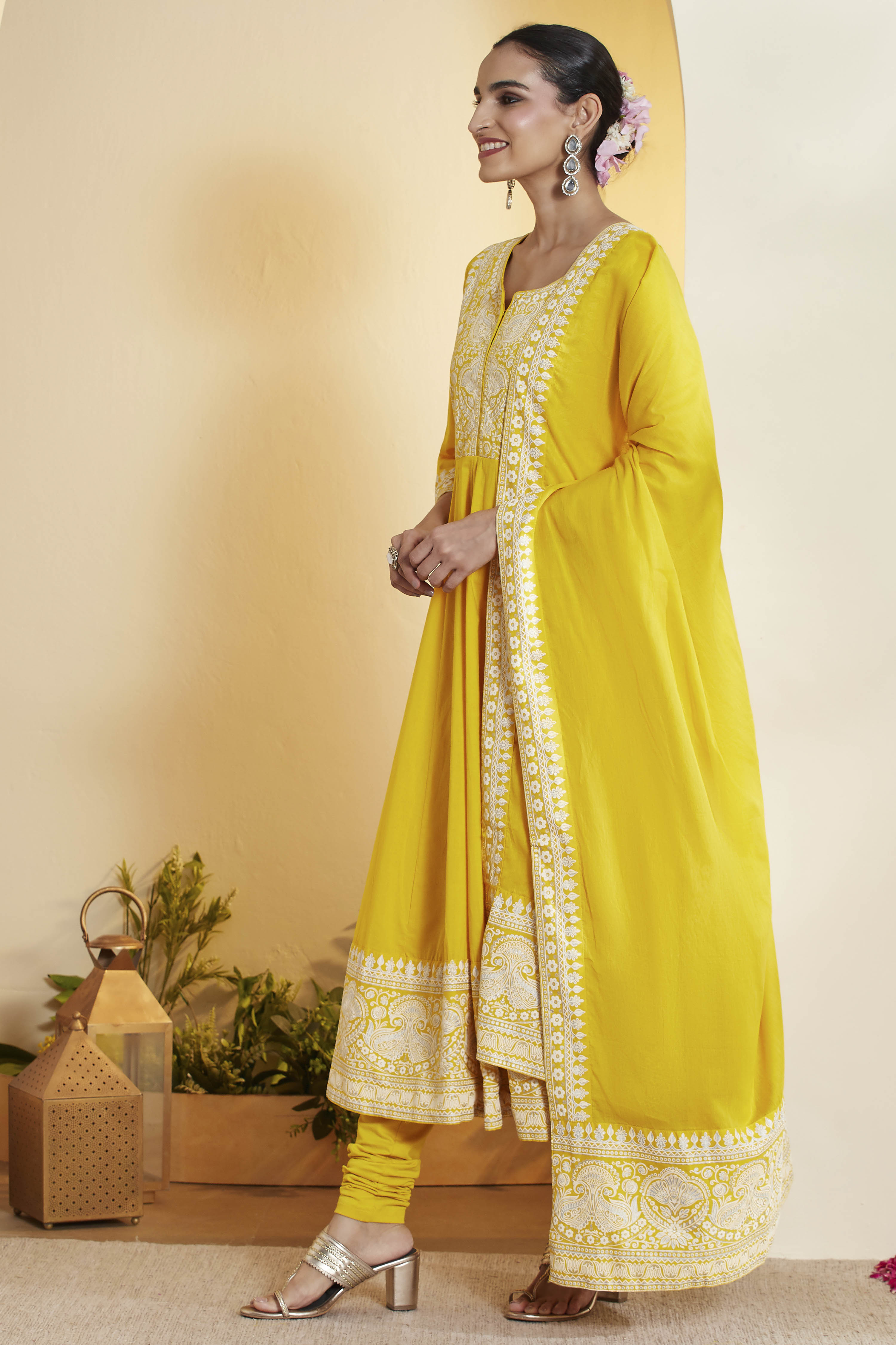 Yellow Cotton Floral Printed Anarkali Kurta Set image number 4