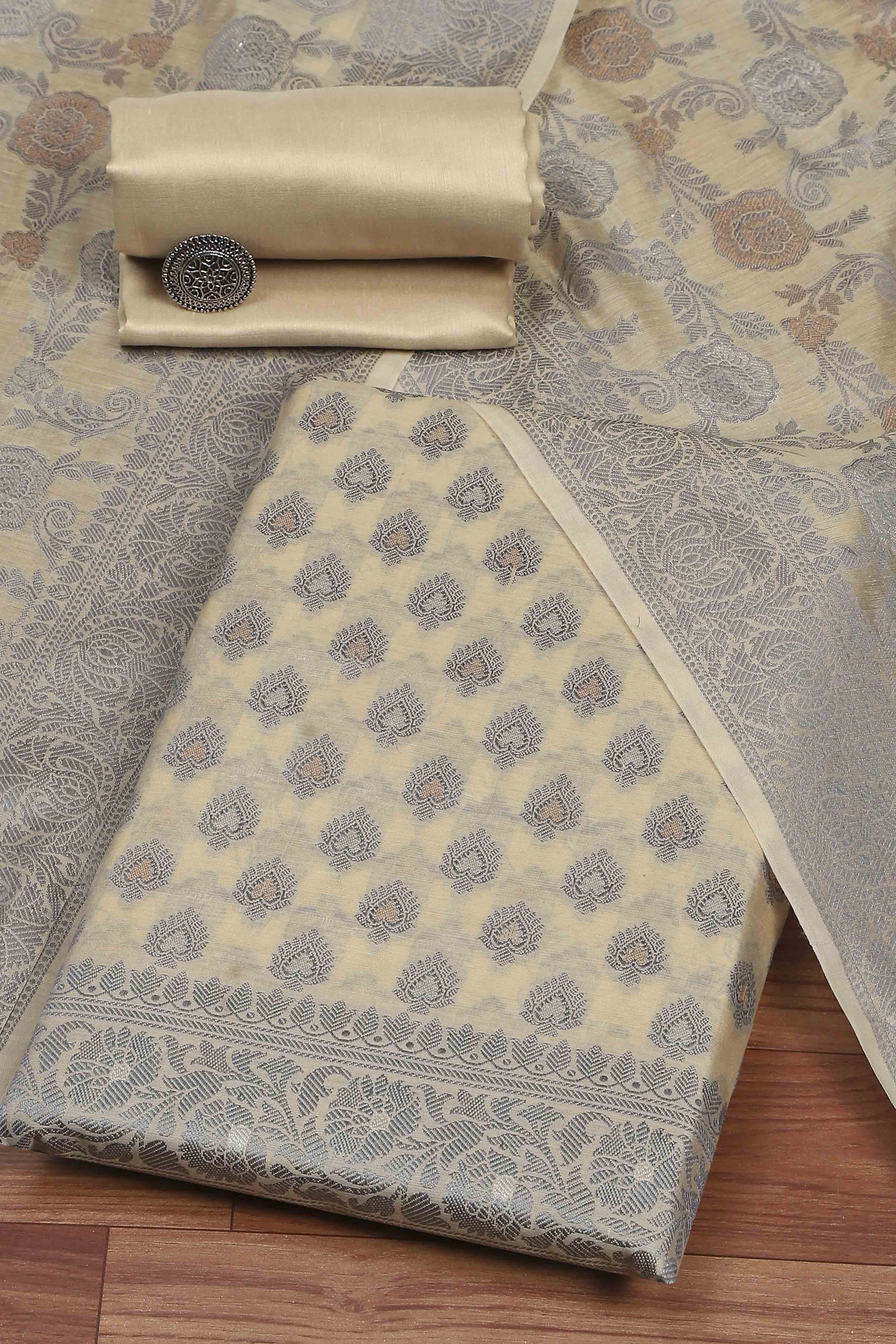 Beige Cotton Printed Embroidered Unstitched Suit Set image number 0