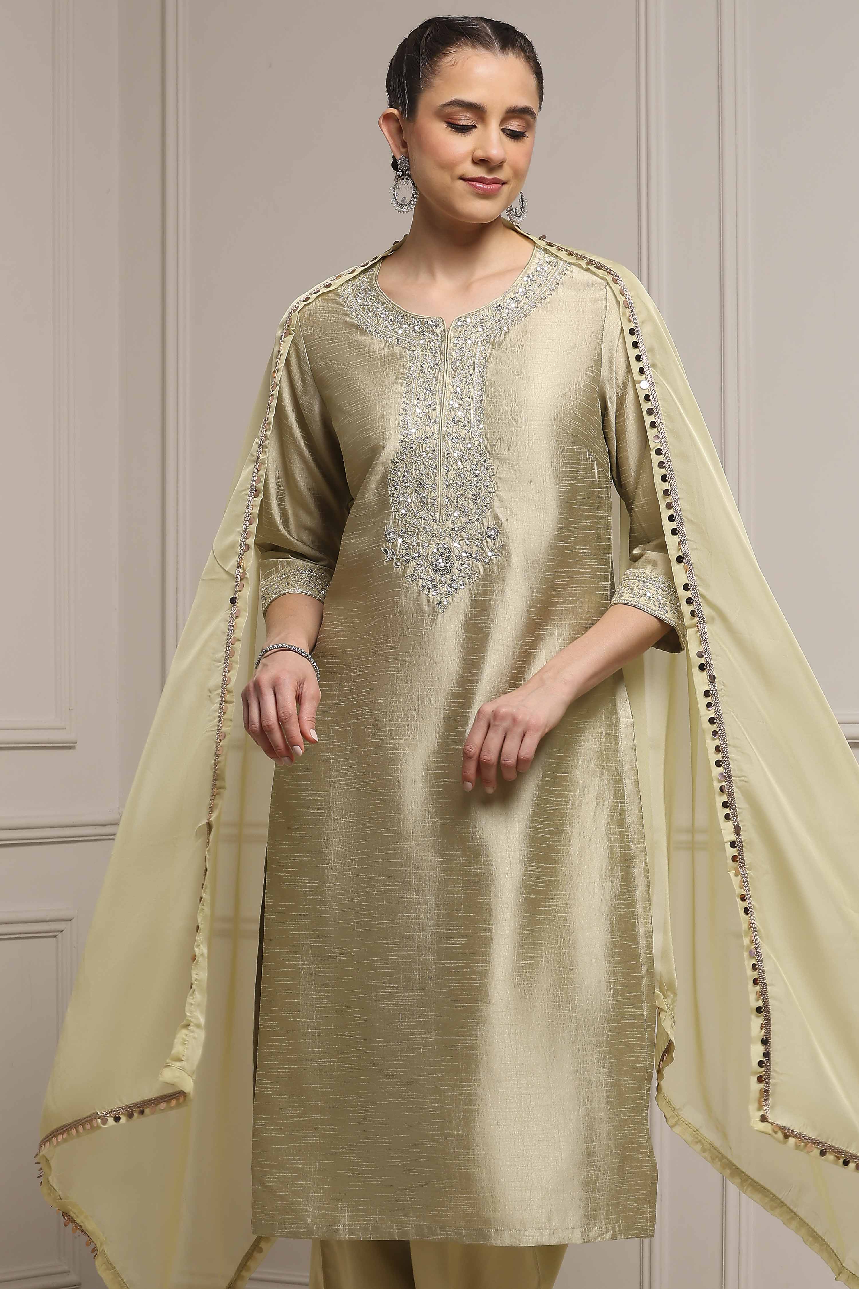Light Green Viscose Blend Straight Dyed Suit Set image number 7