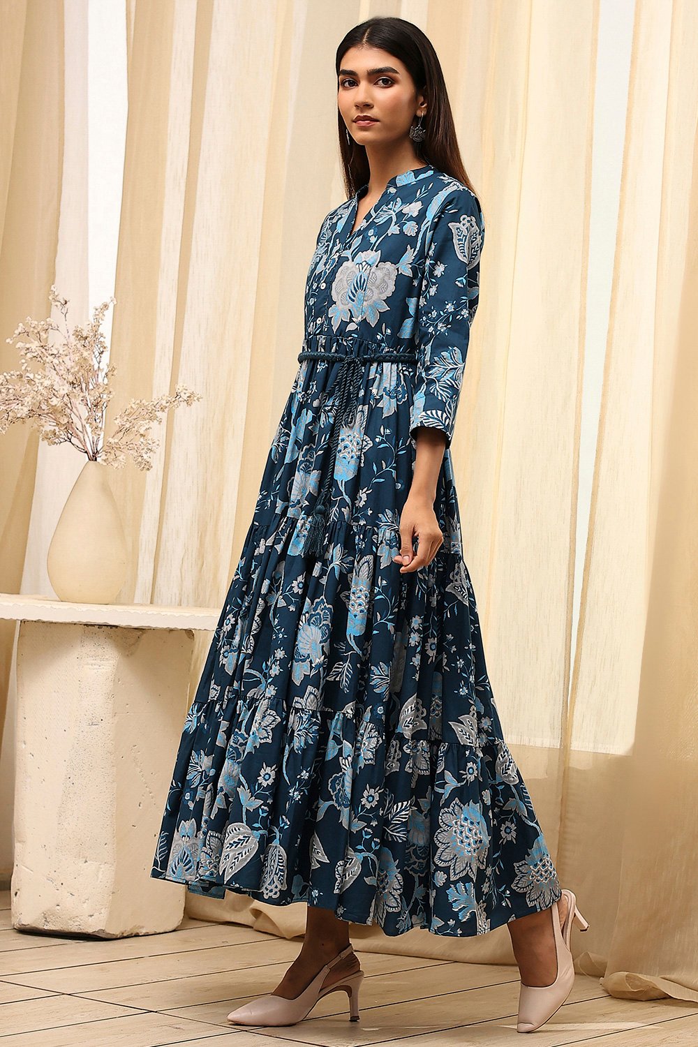 Earthy Blue Cotton Floral Tiered Dress image number 2