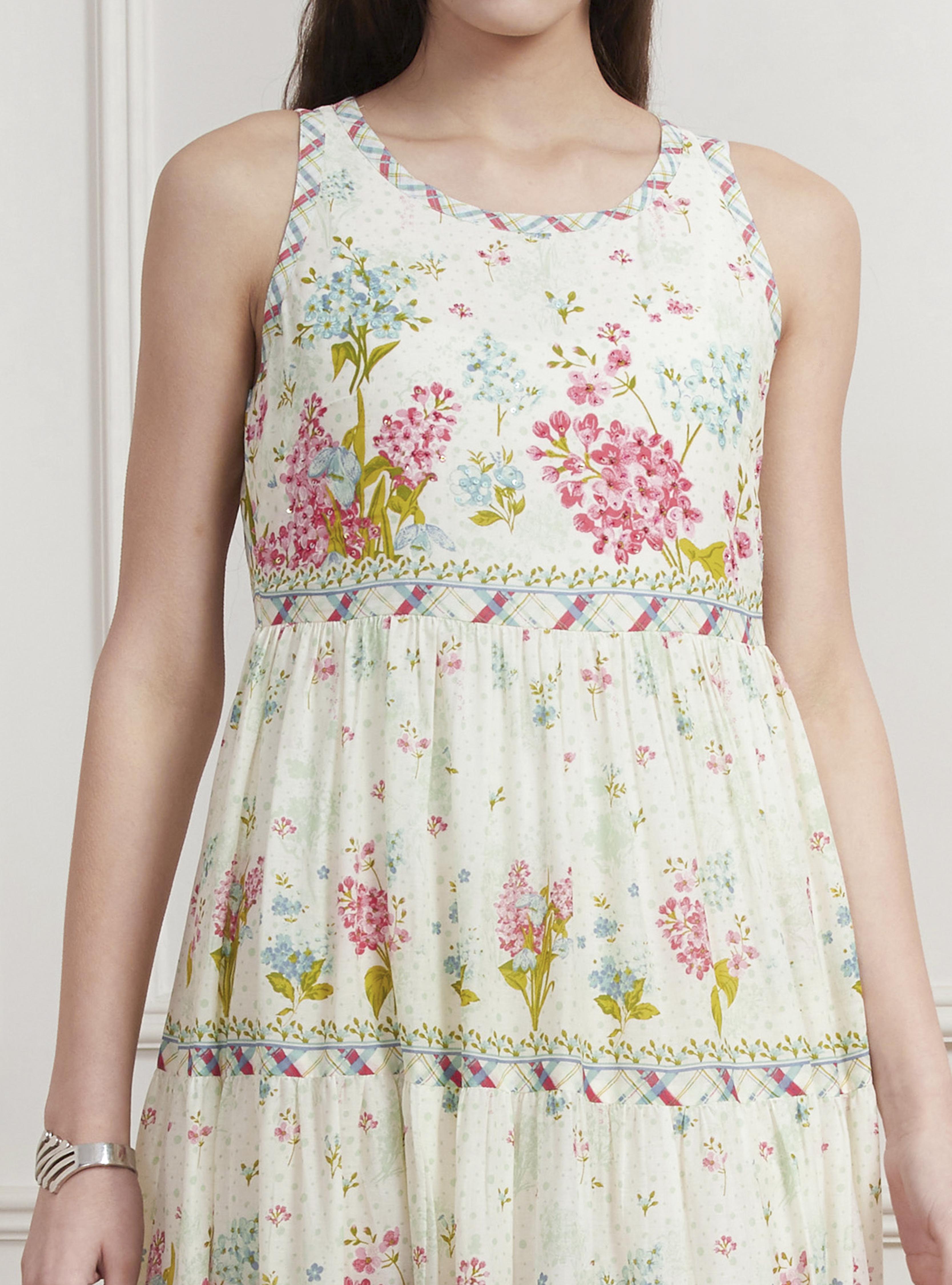Off-White Cotton Printed Tiered Dress image number 1