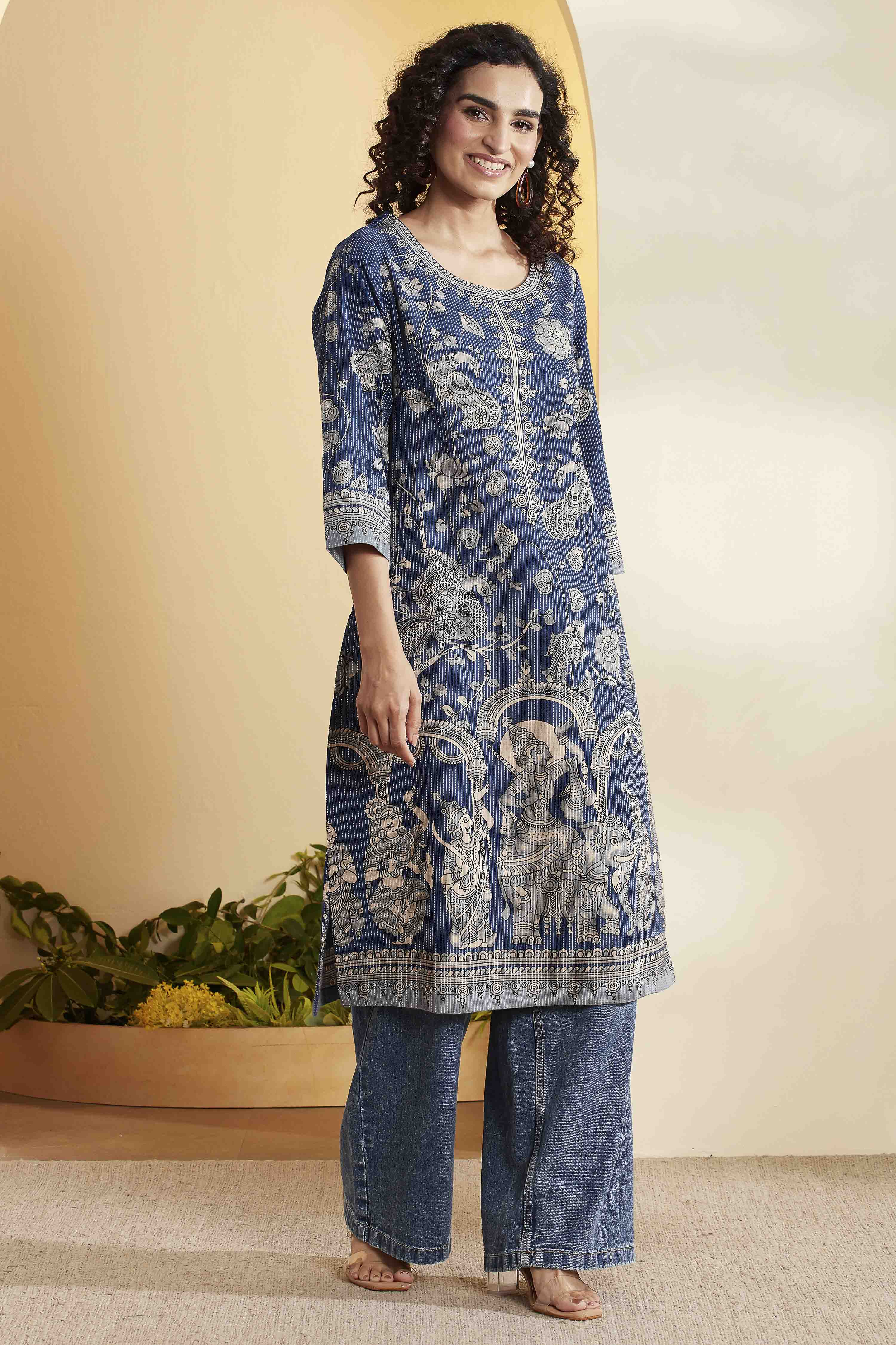 Navy Cotton Straight Kurta image number 3