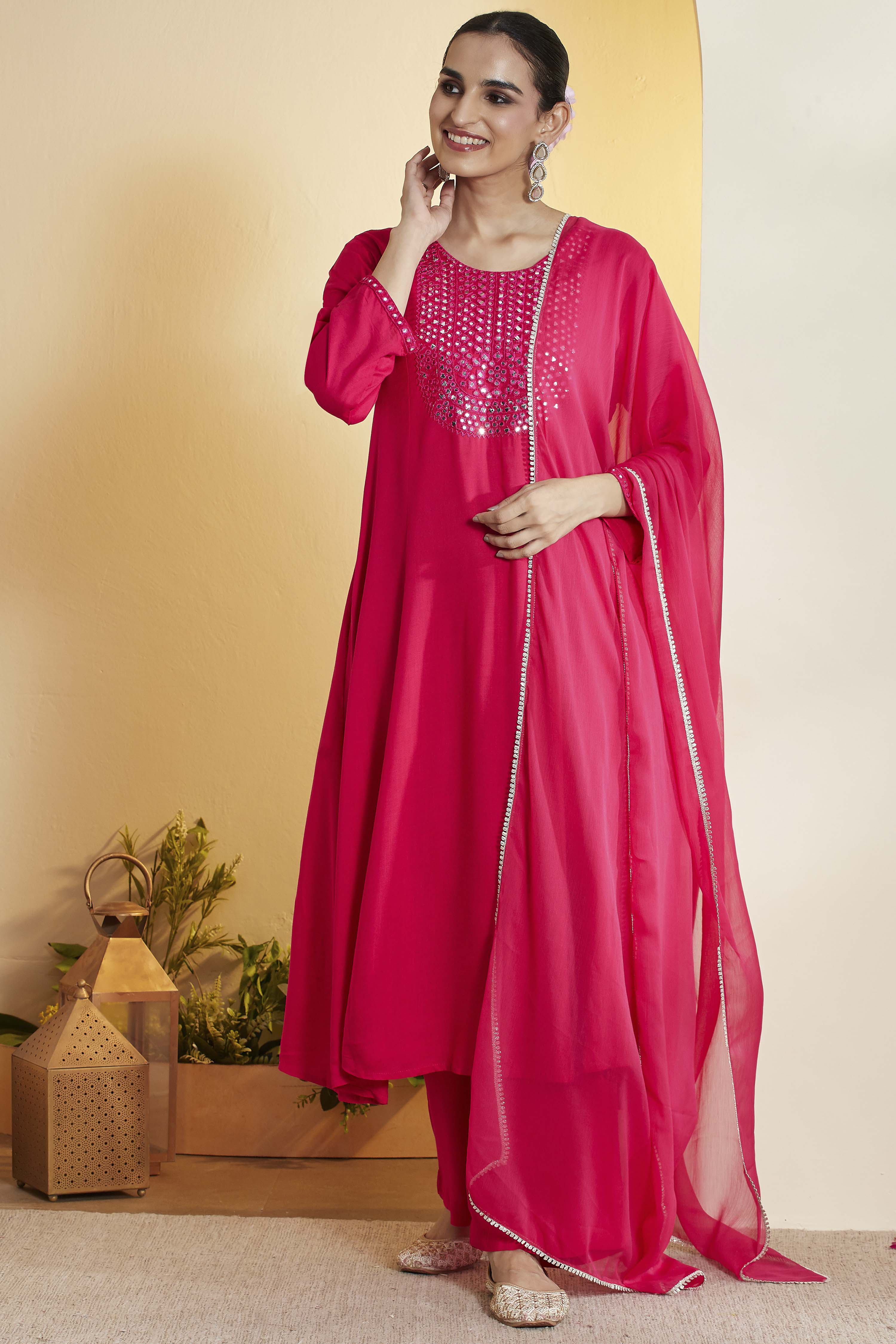 Fuchsia Viscose Rayon Embellished Yoke Straight Kurta Set image number 7