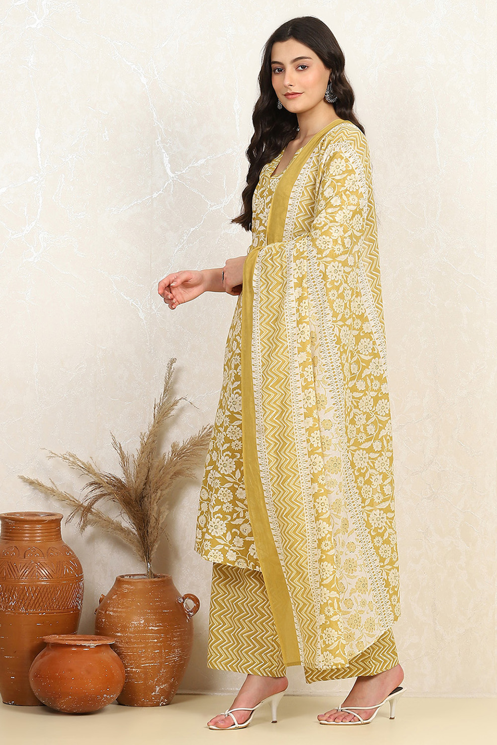 Mustard Cotton Screen Print Unstitched Suit Set image number 4
