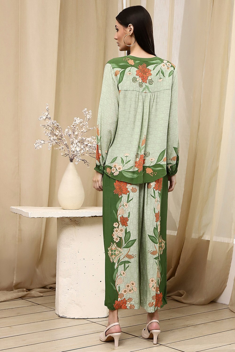 Green Viscose Blend Straight Printed Fusion Set image number 4