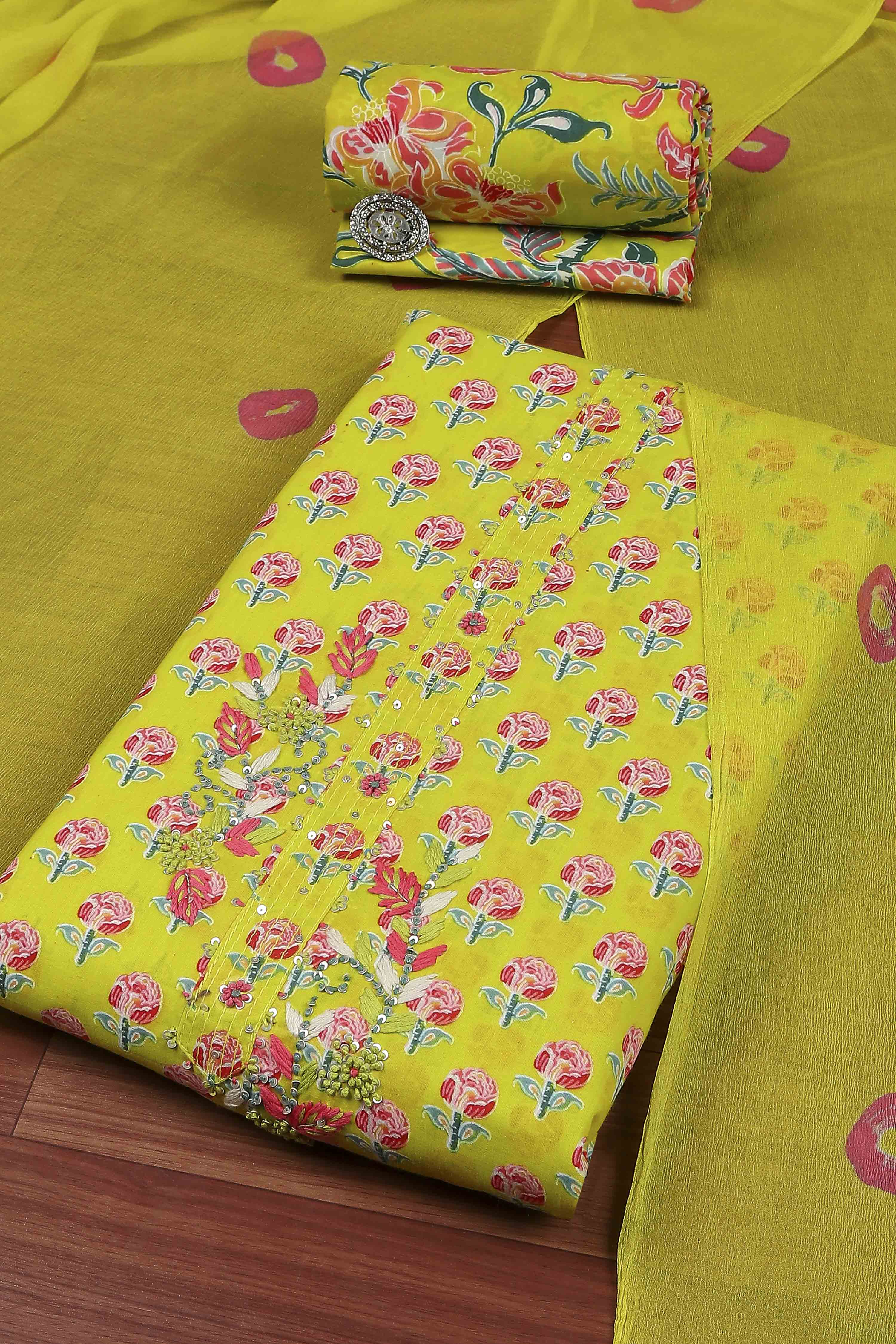 Lime Green Cotton Printed Embroidered Unstitched Suit Set image number 0