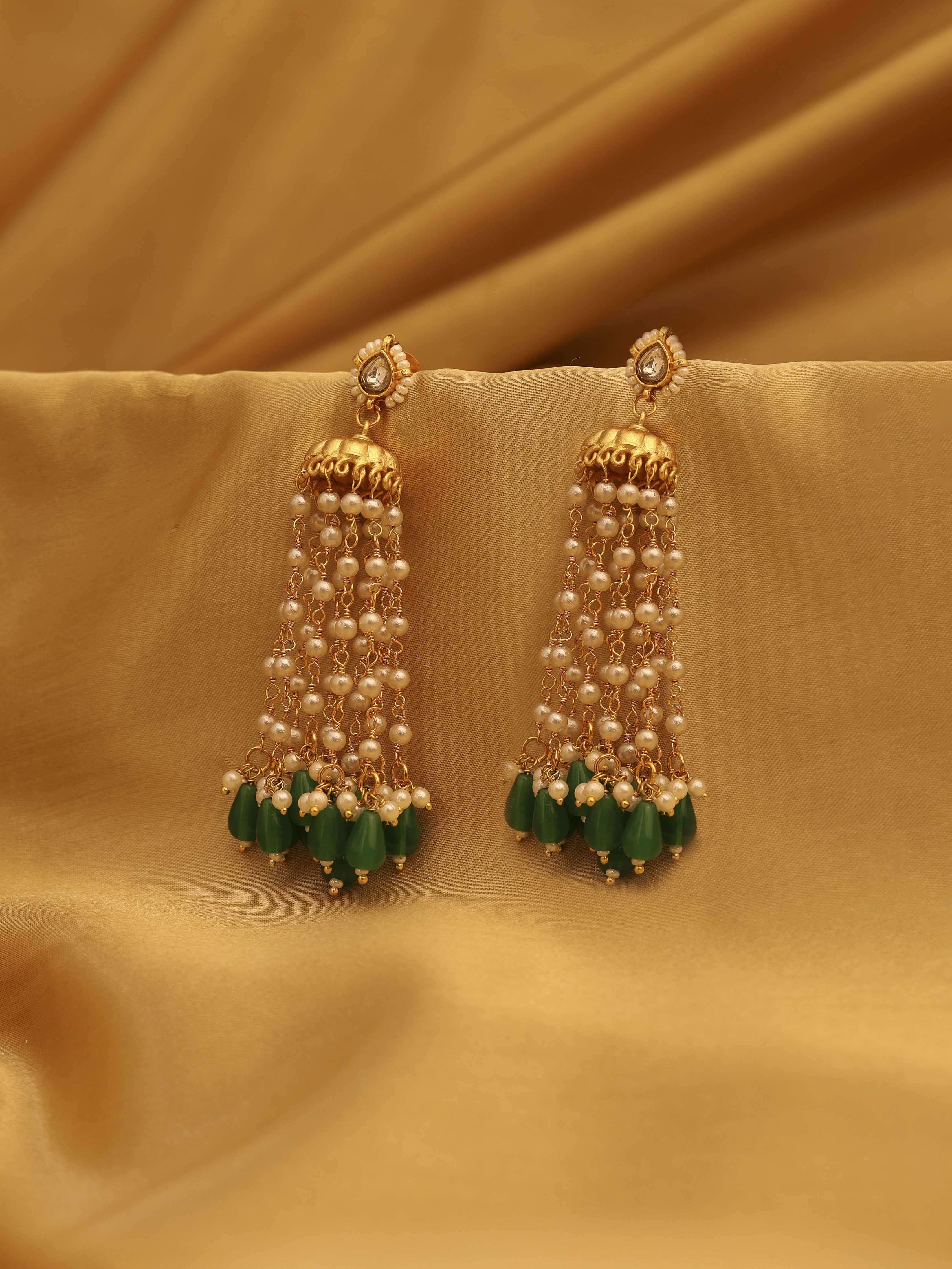 Green Gold Plated Brass Jhumkas image number 0