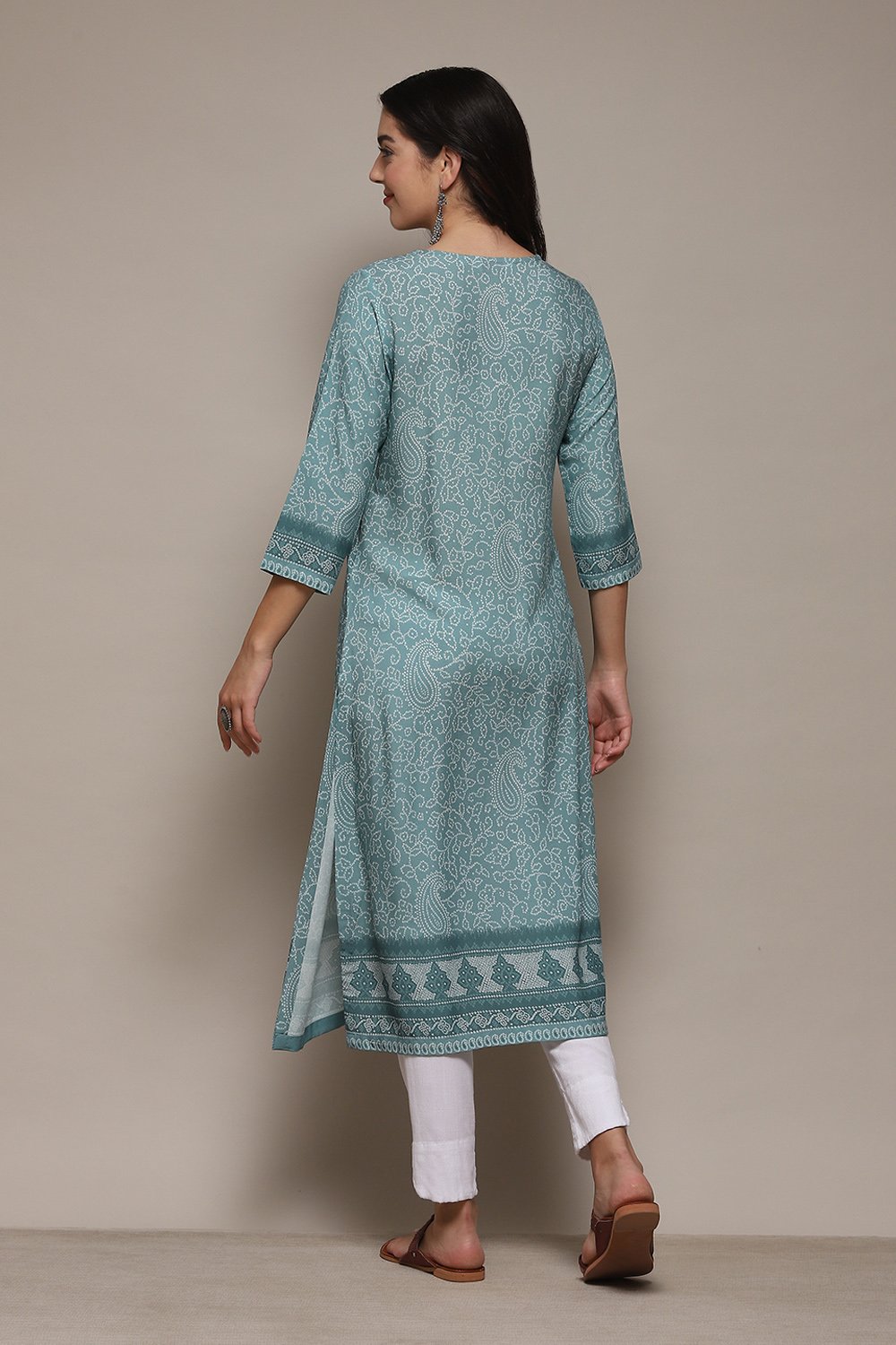 Turquoise Bandhani Printed Straight Kurta image number 4