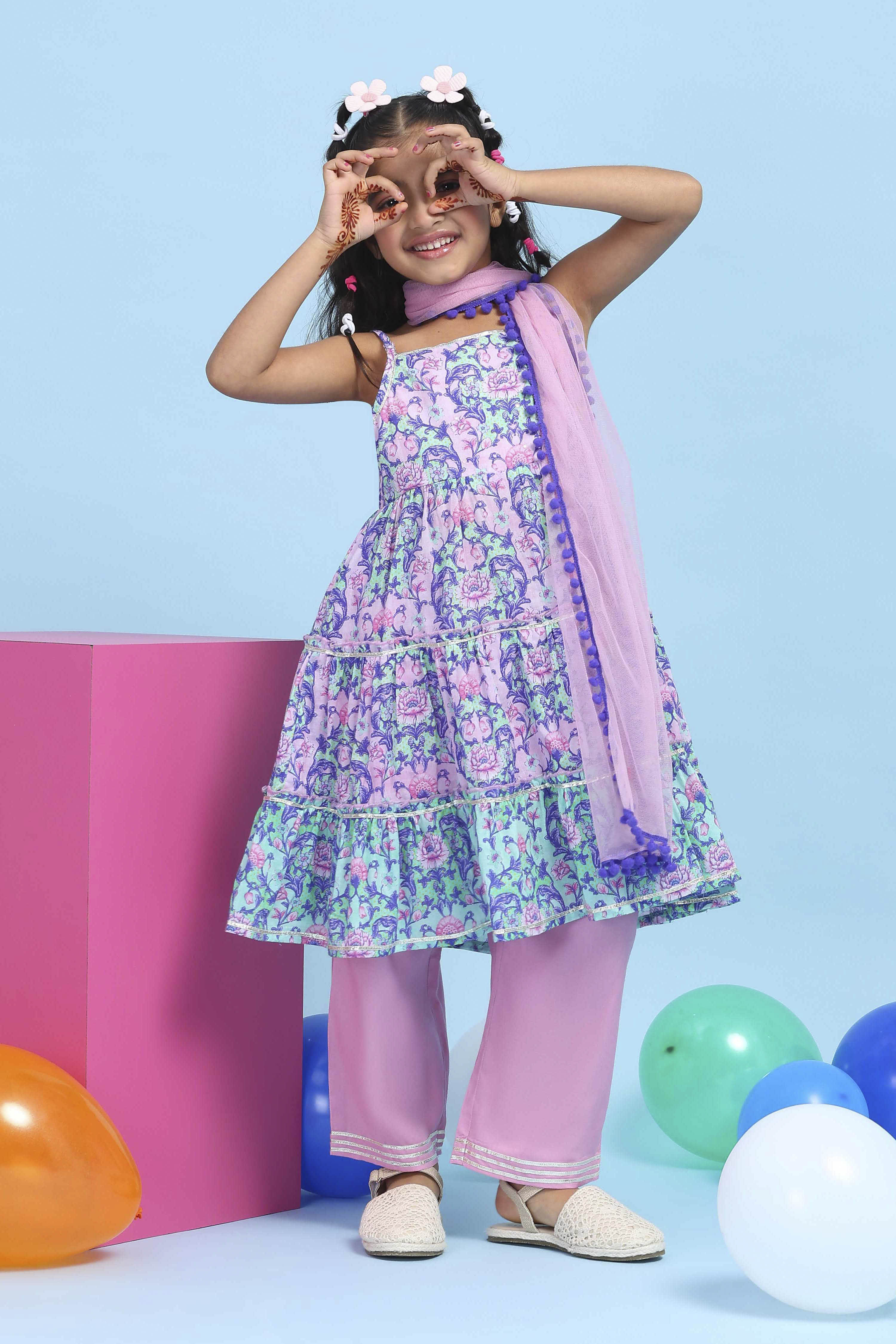 Pink Cotton Printed Tiered Suit Set image number 0