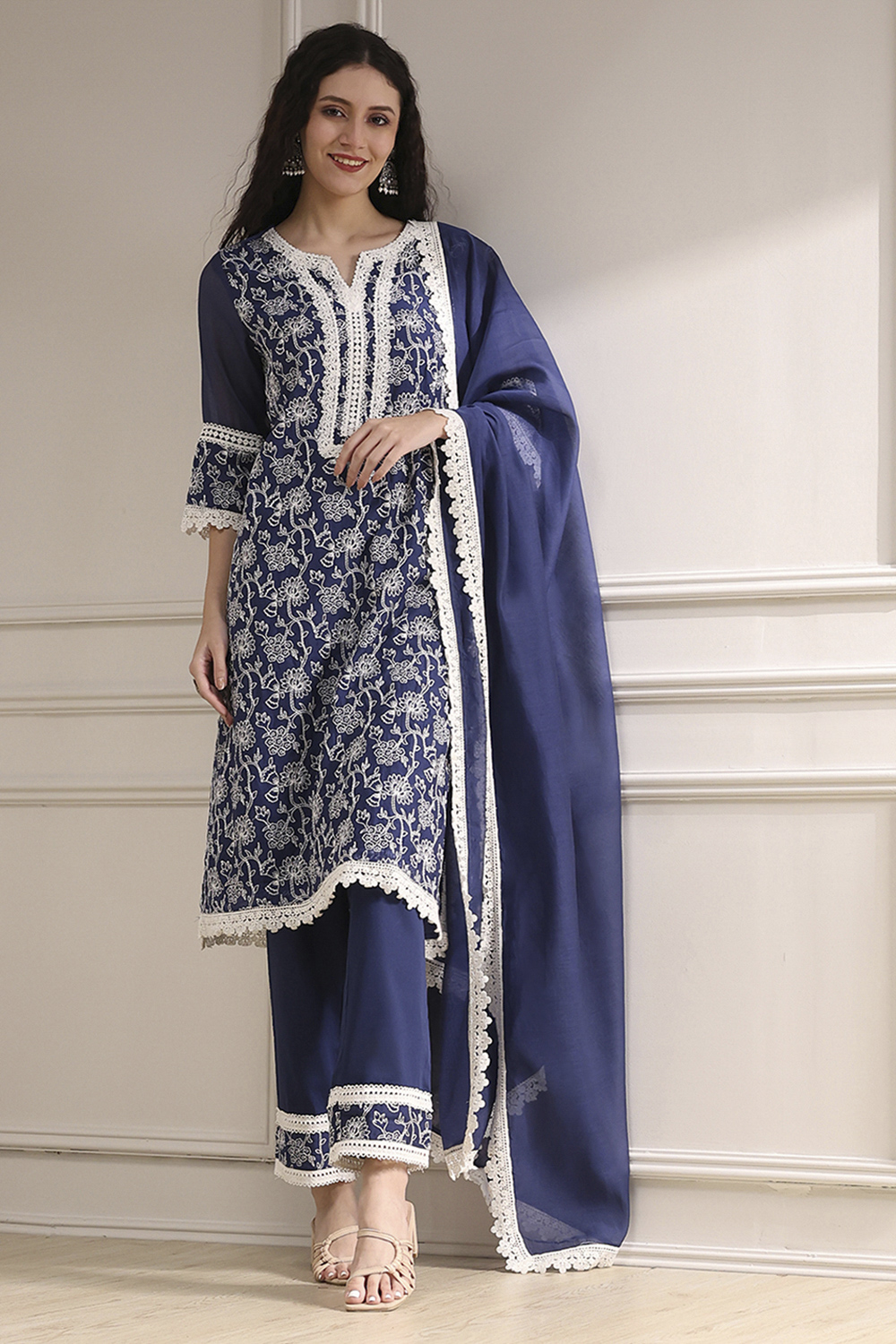 Blue Chanderi Embroidered Straight Suit Set image number 0