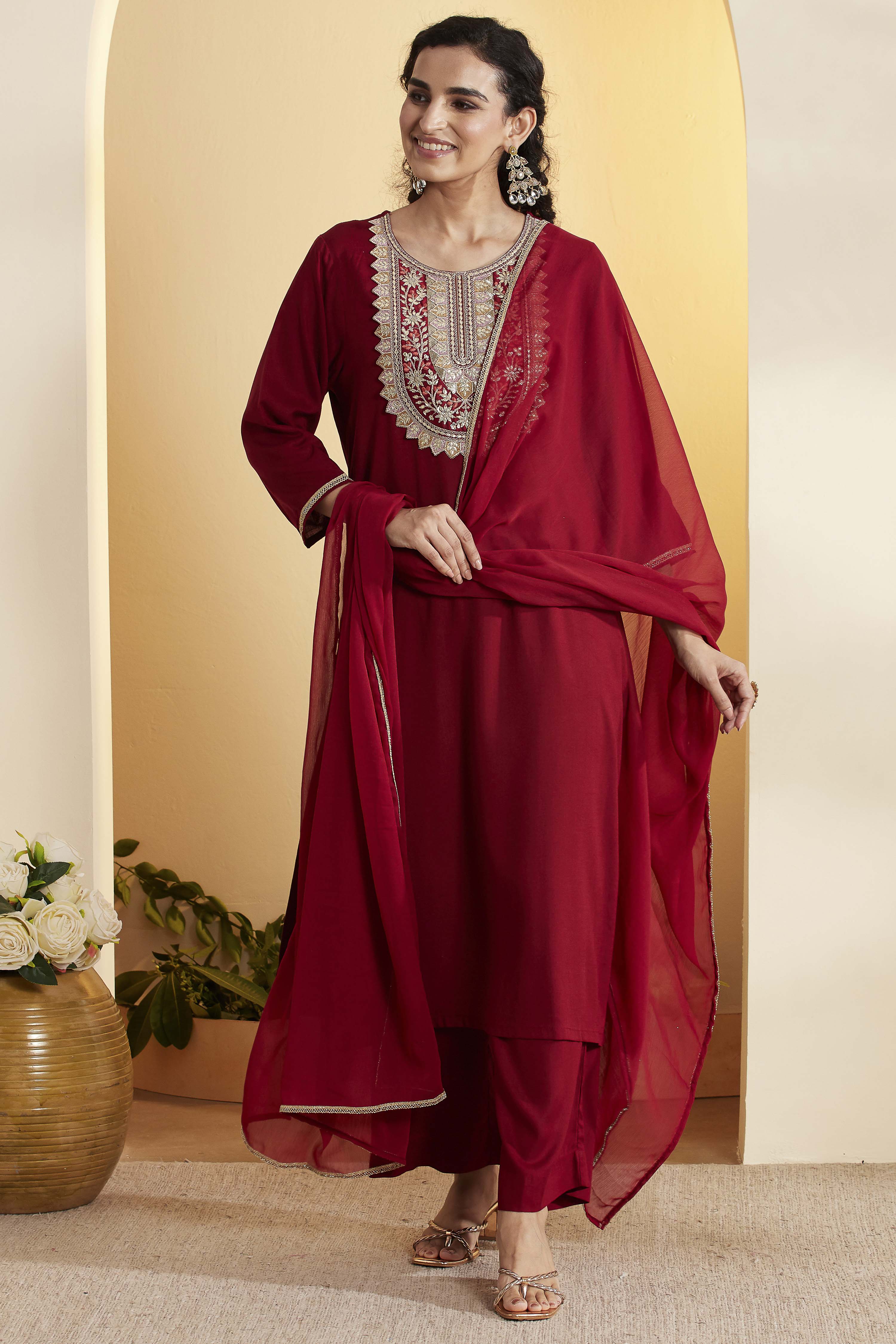Maroon Viscose Rayon Embroidered Straight Kurta Set image number 0