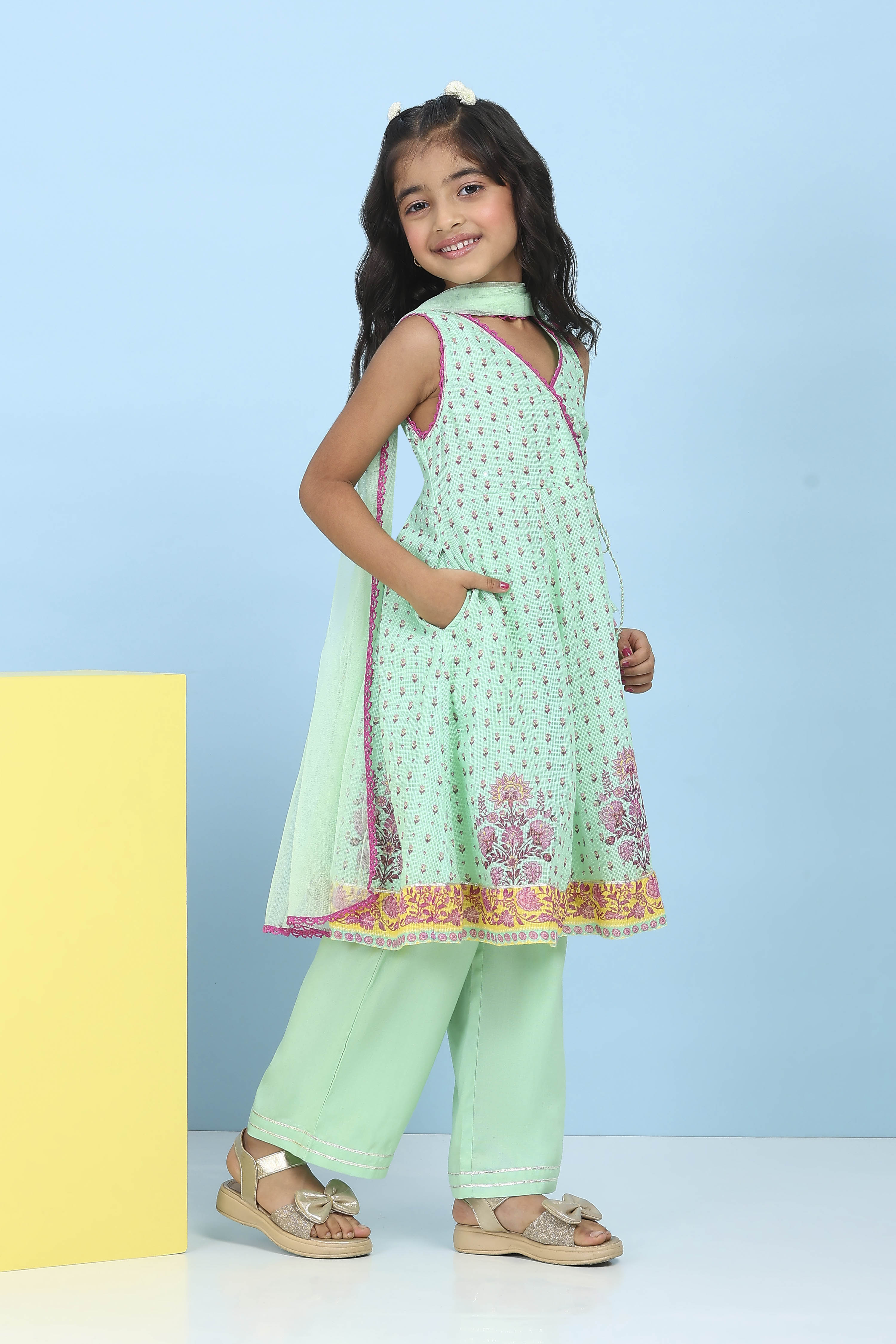 Green Cotton Floral Printed Anarkali Suit Set image number 6