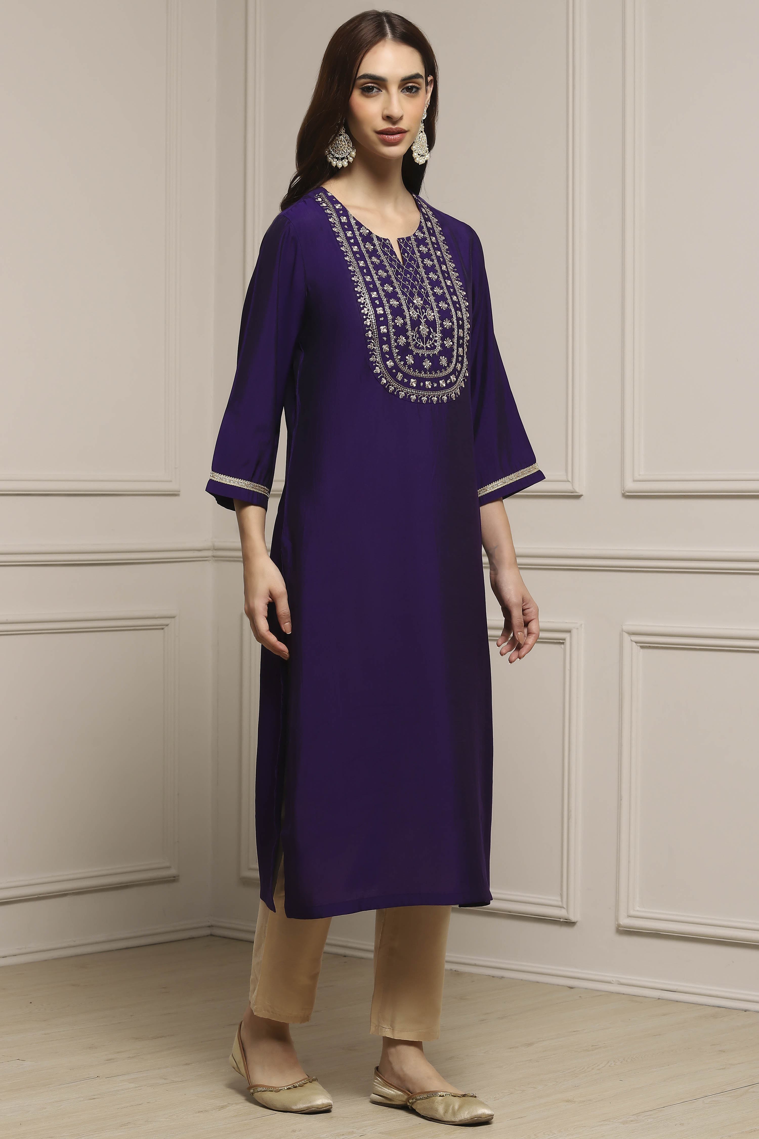Purple Viscose Blend Straight Kurta image number 4