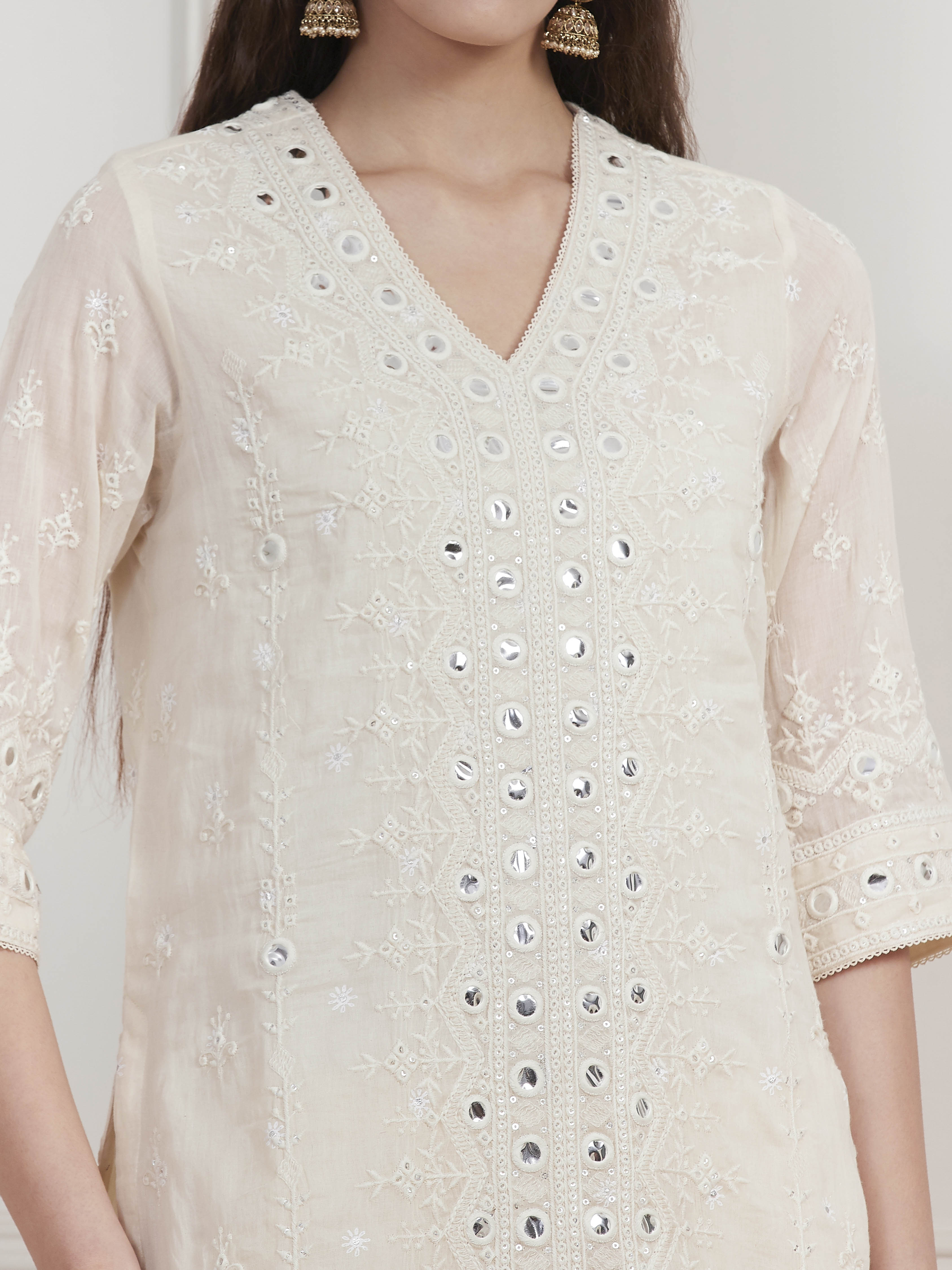 Ecru Cotton Embroidered Straight Sharara Suit Set image number 1