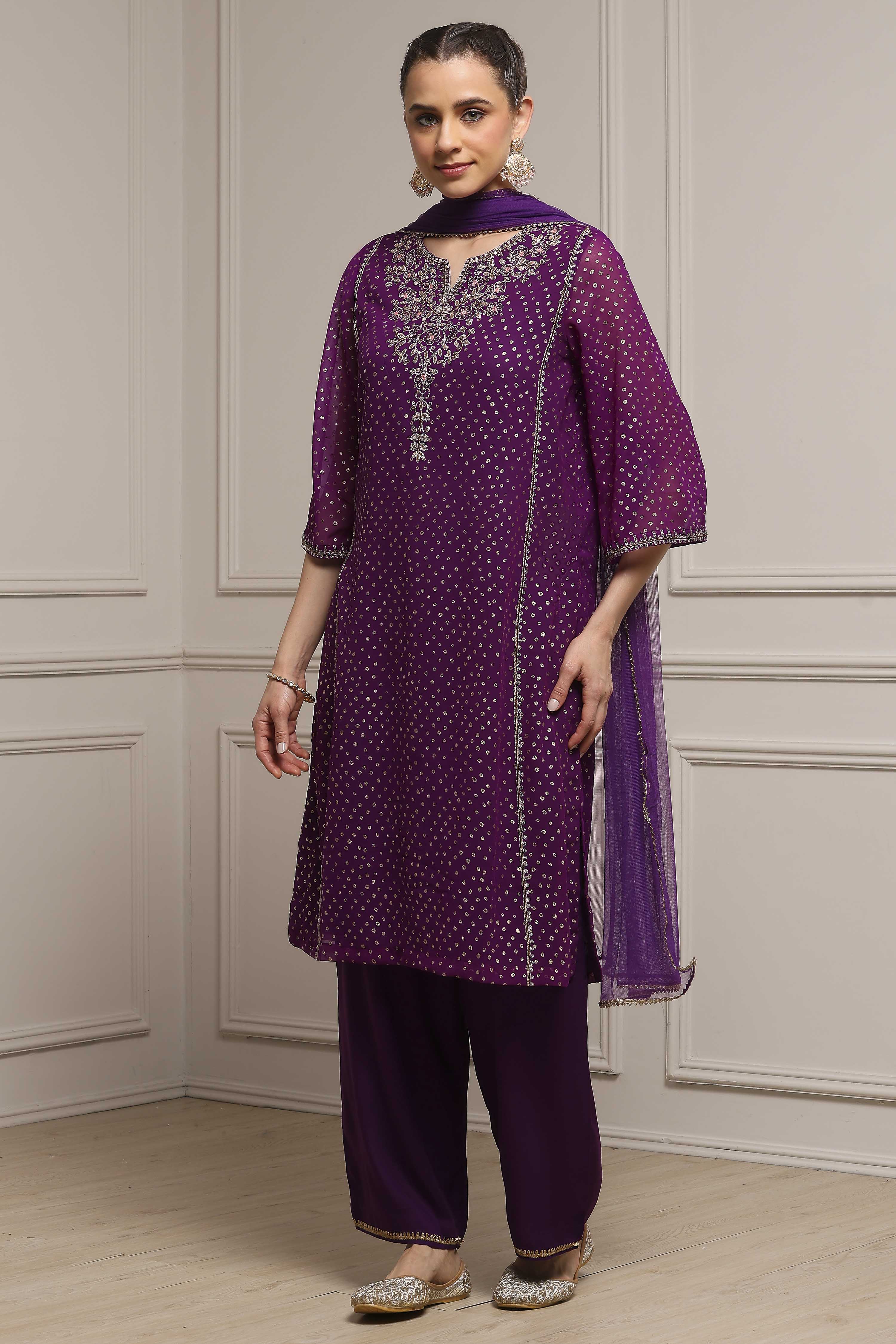 Purple Viscose Straight Printed Suit Set image number 3